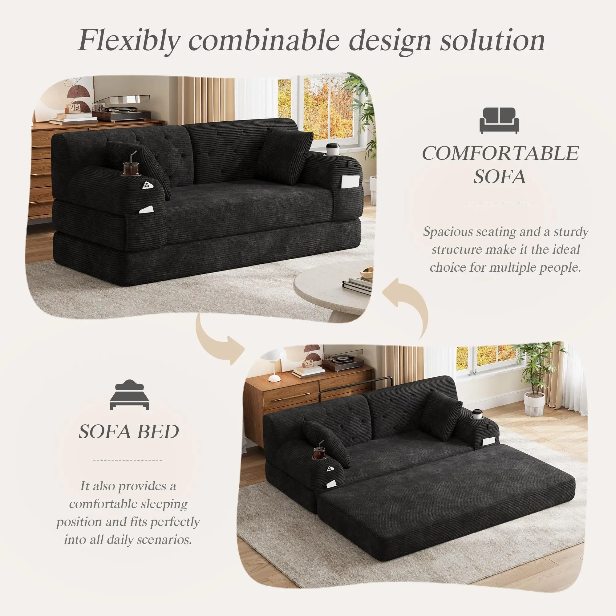 Corduroy Sofa Bed 168 x 80 x 81cm - Black - 4