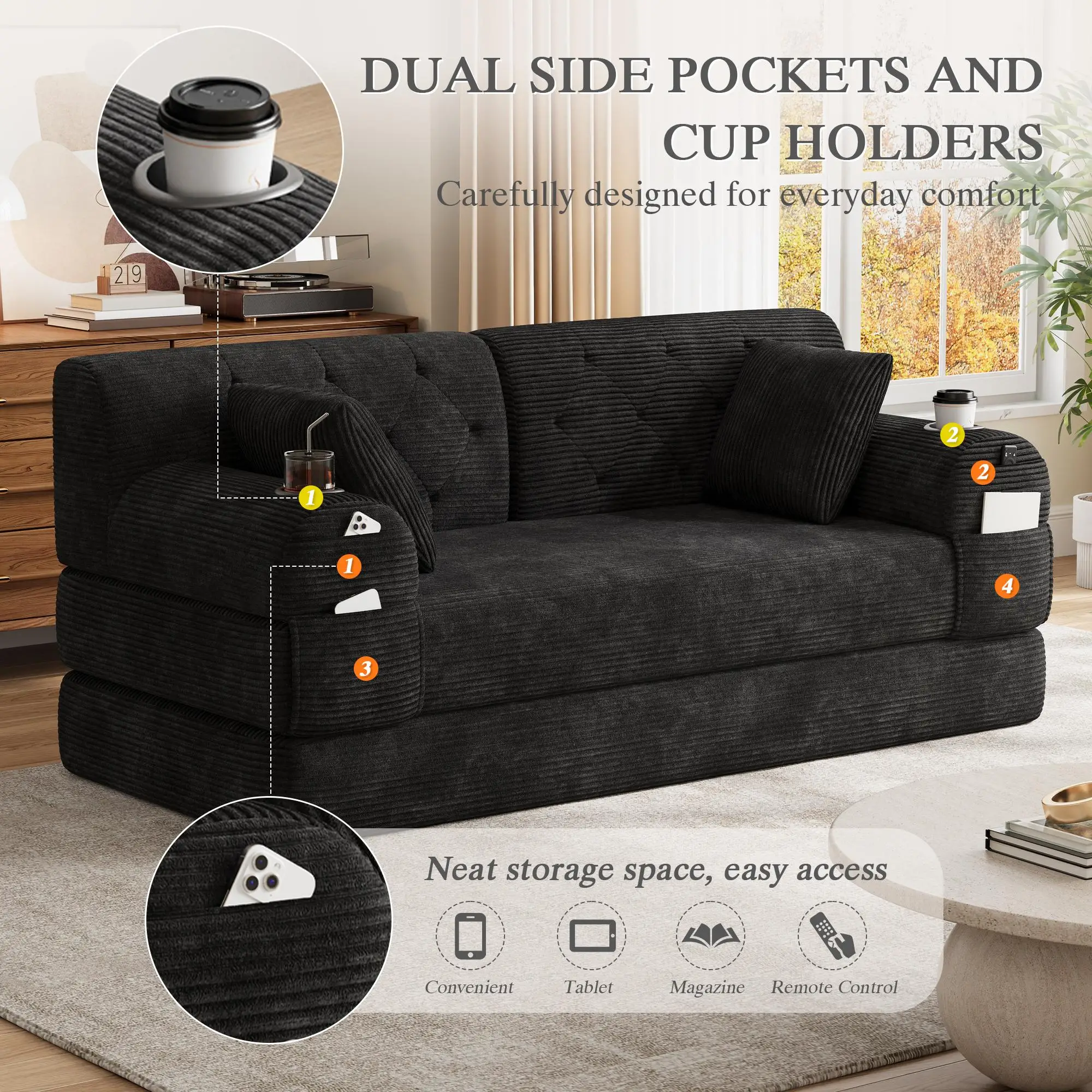 Corduroy Sofa Bed 168 x 80 x 81cm - Black - 5
