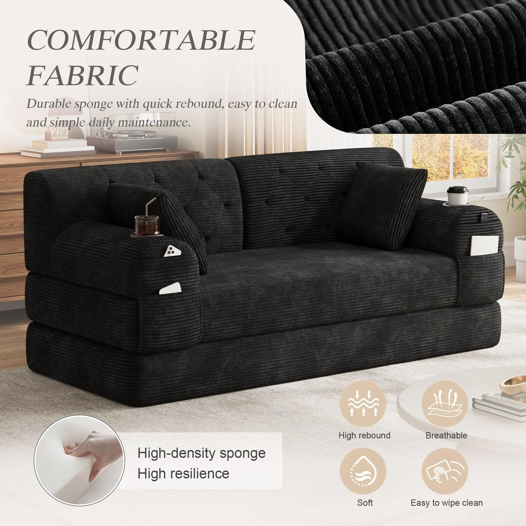 Corduroy Sofa Bed 168 x 80 x 81cm - Black - 6