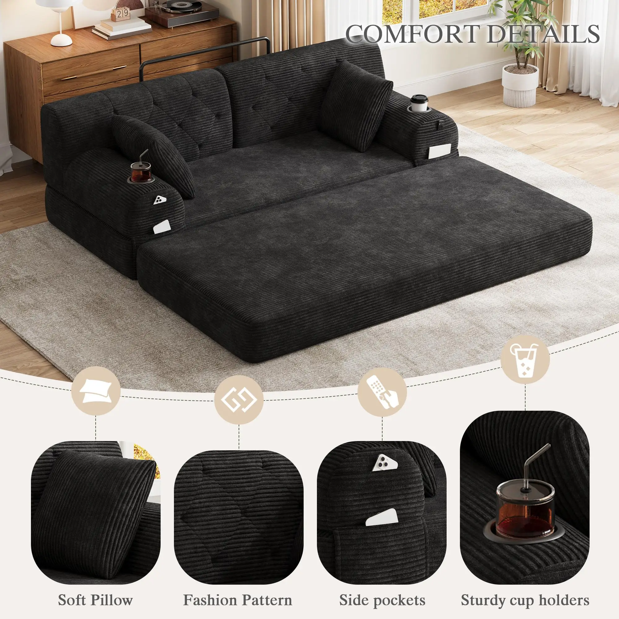 Corduroy Sofa Bed 168 x 80 x 81cm - Black - 7