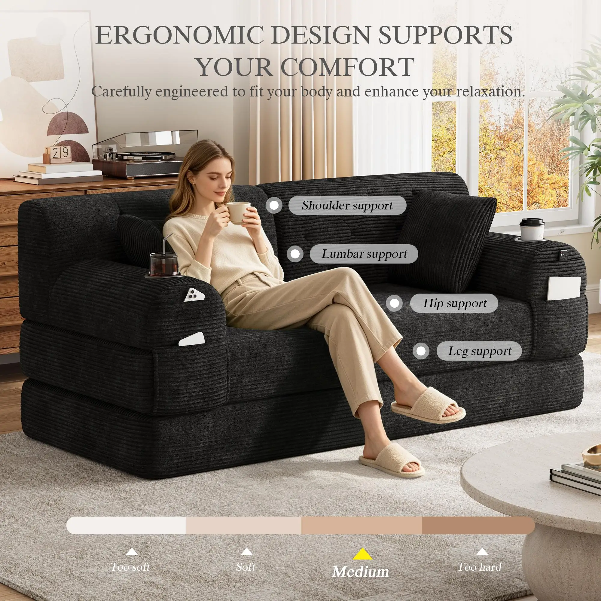 Corduroy Sofa Bed 168 x 80 x 81cm - Black - 8