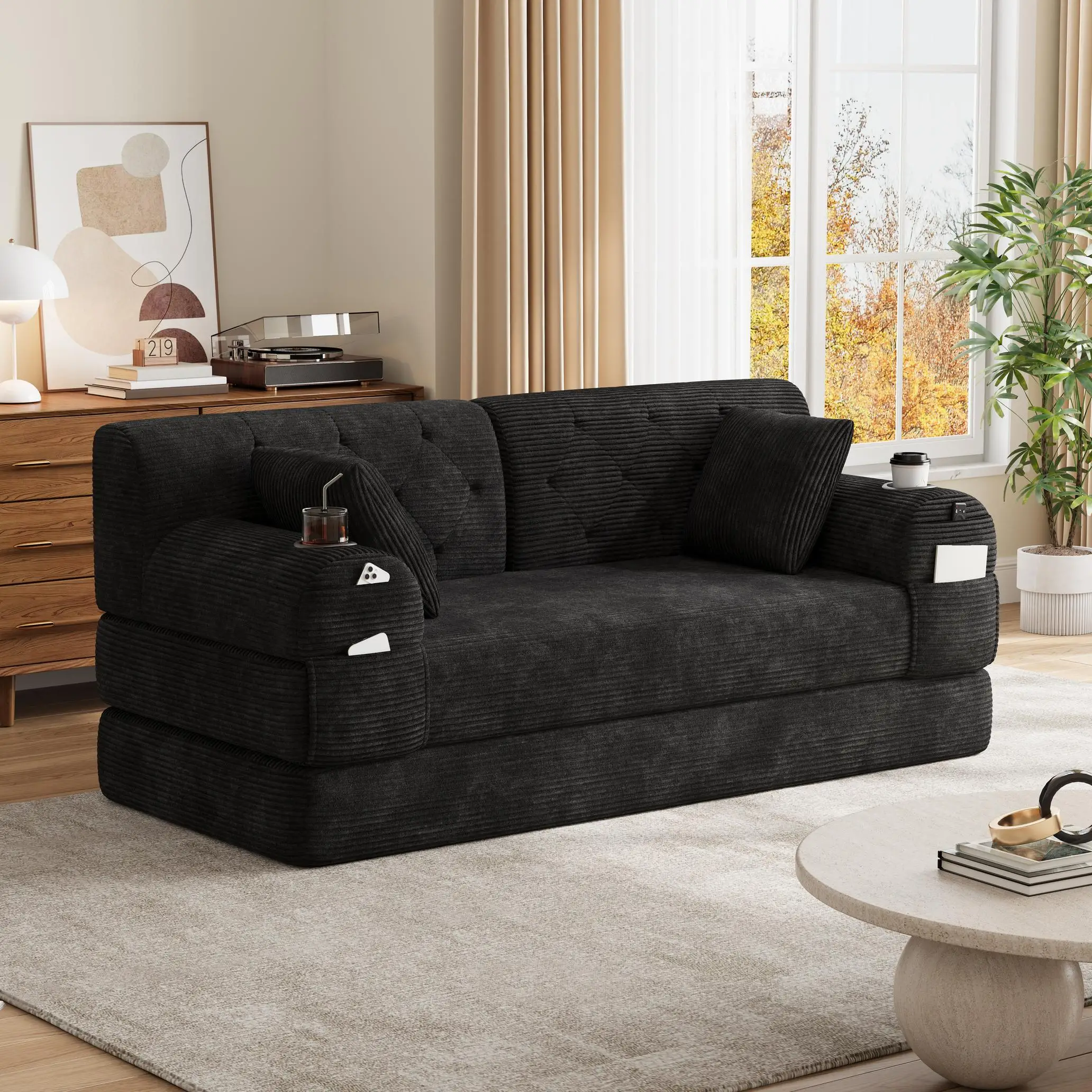 Corduroy Sofa Bed 168 x 80 x 81cm - Black - 9