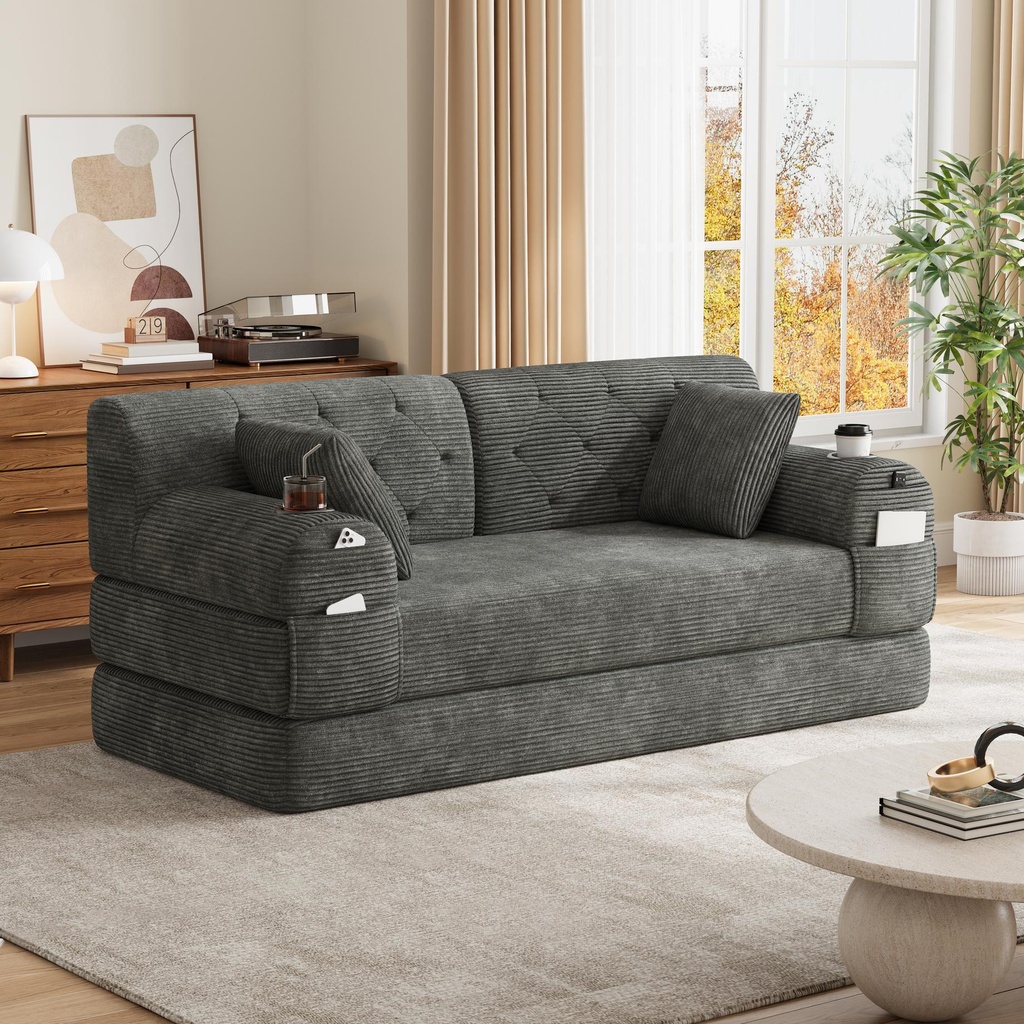 Corduroy Sofa Bed 168 x 80 x 81cm - Dark Grey - 1