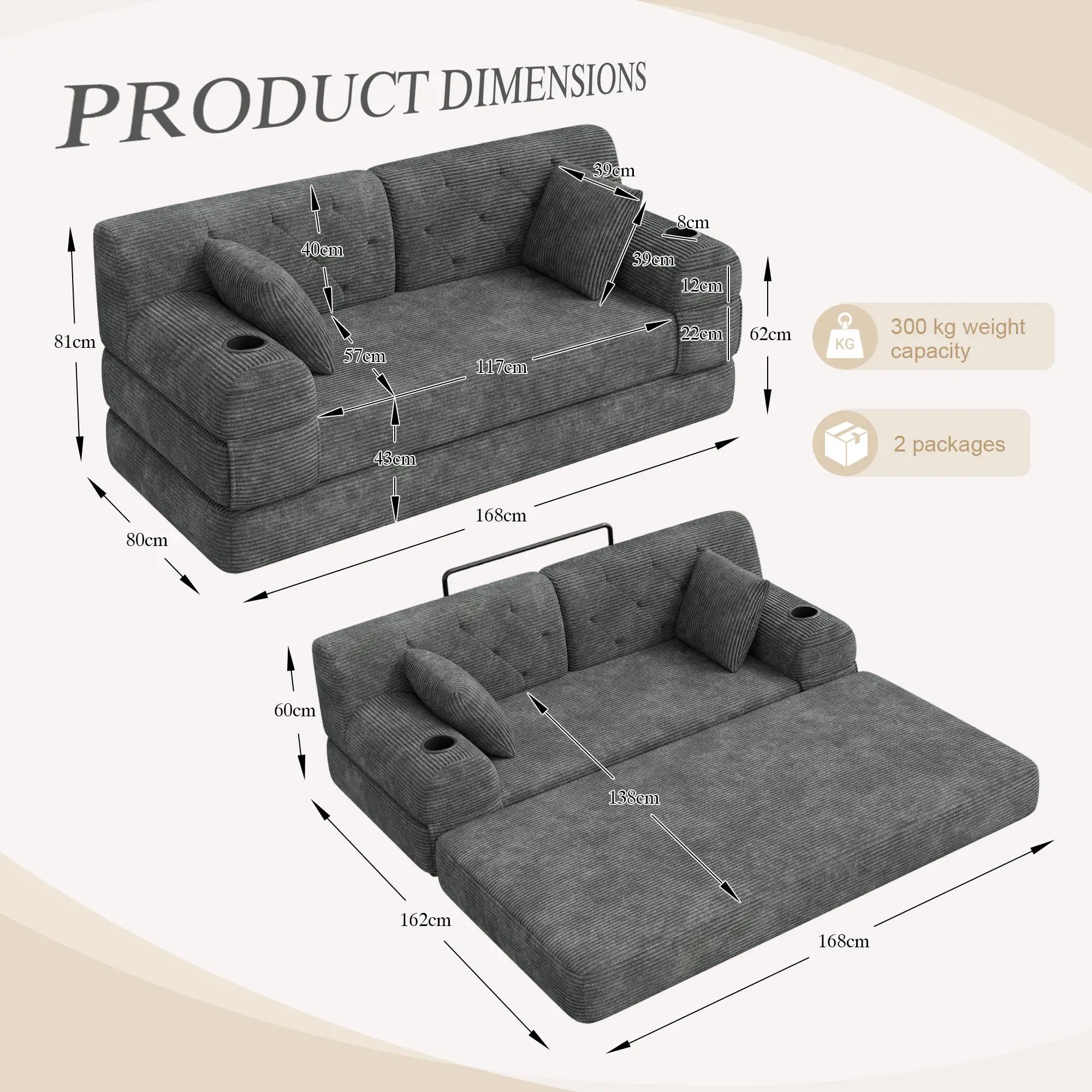 Corduroy Sofa Bed 168 x 80 x 81cm - Dark Grey - 3