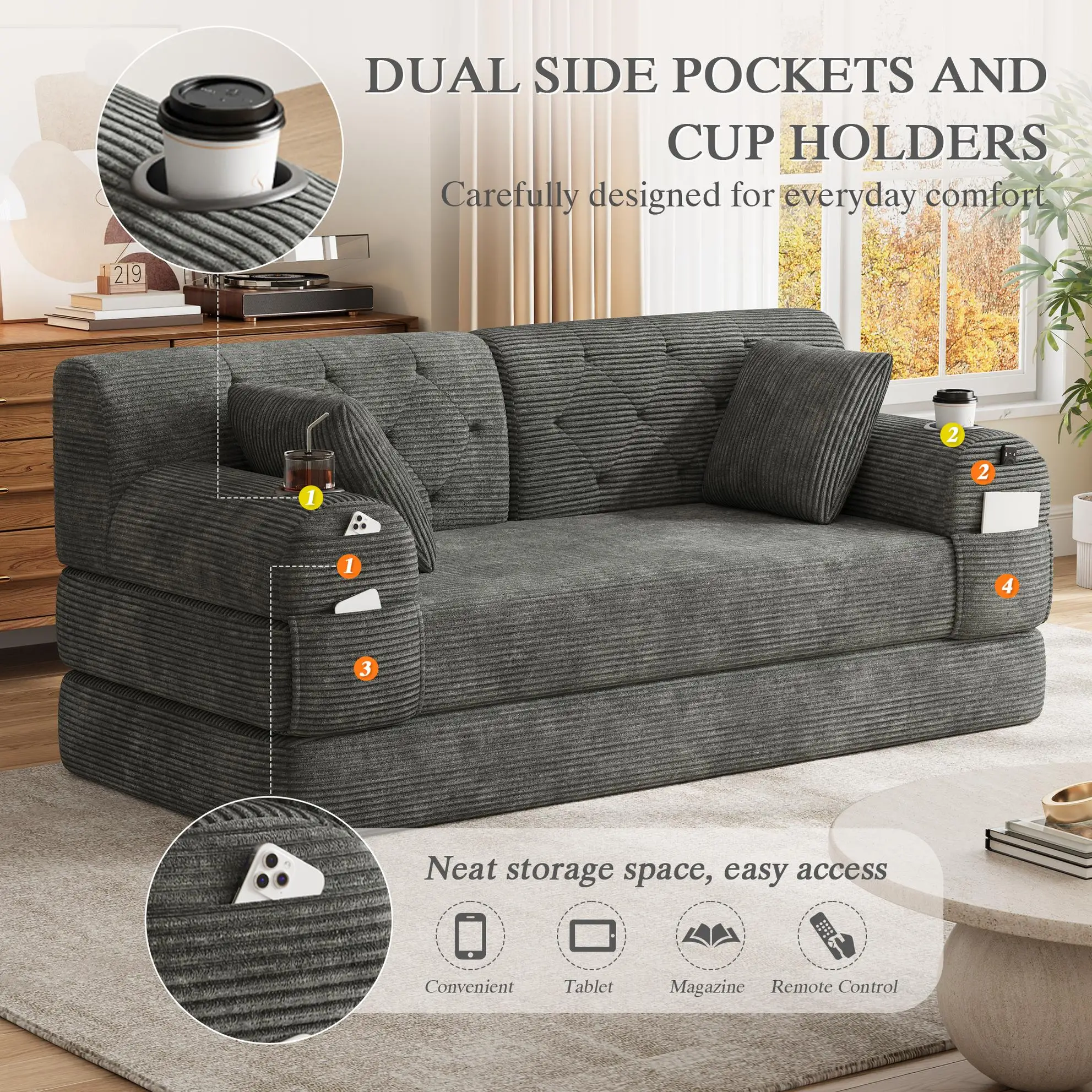 Corduroy Sofa Bed 168 x 80 x 81cm - Dark Grey - 4