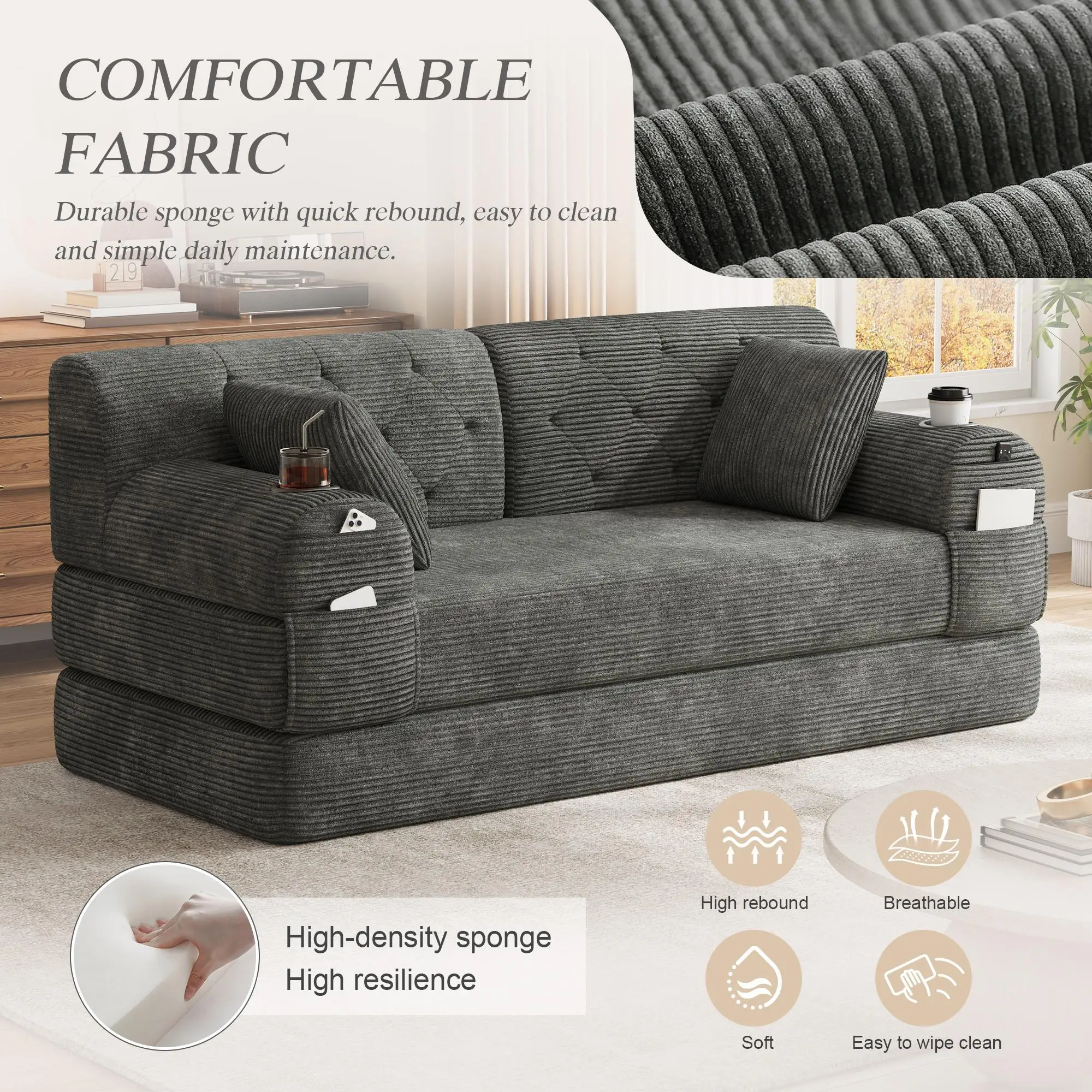 Corduroy Sofa Bed 168 x 80 x 81cm - Dark Grey - 5