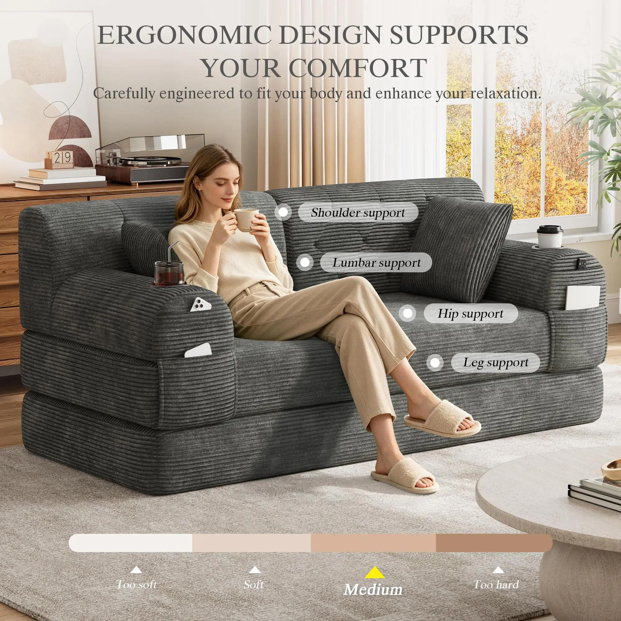 Corduroy Sofa Bed 168 x 80 x 81cm - Dark Grey - 6