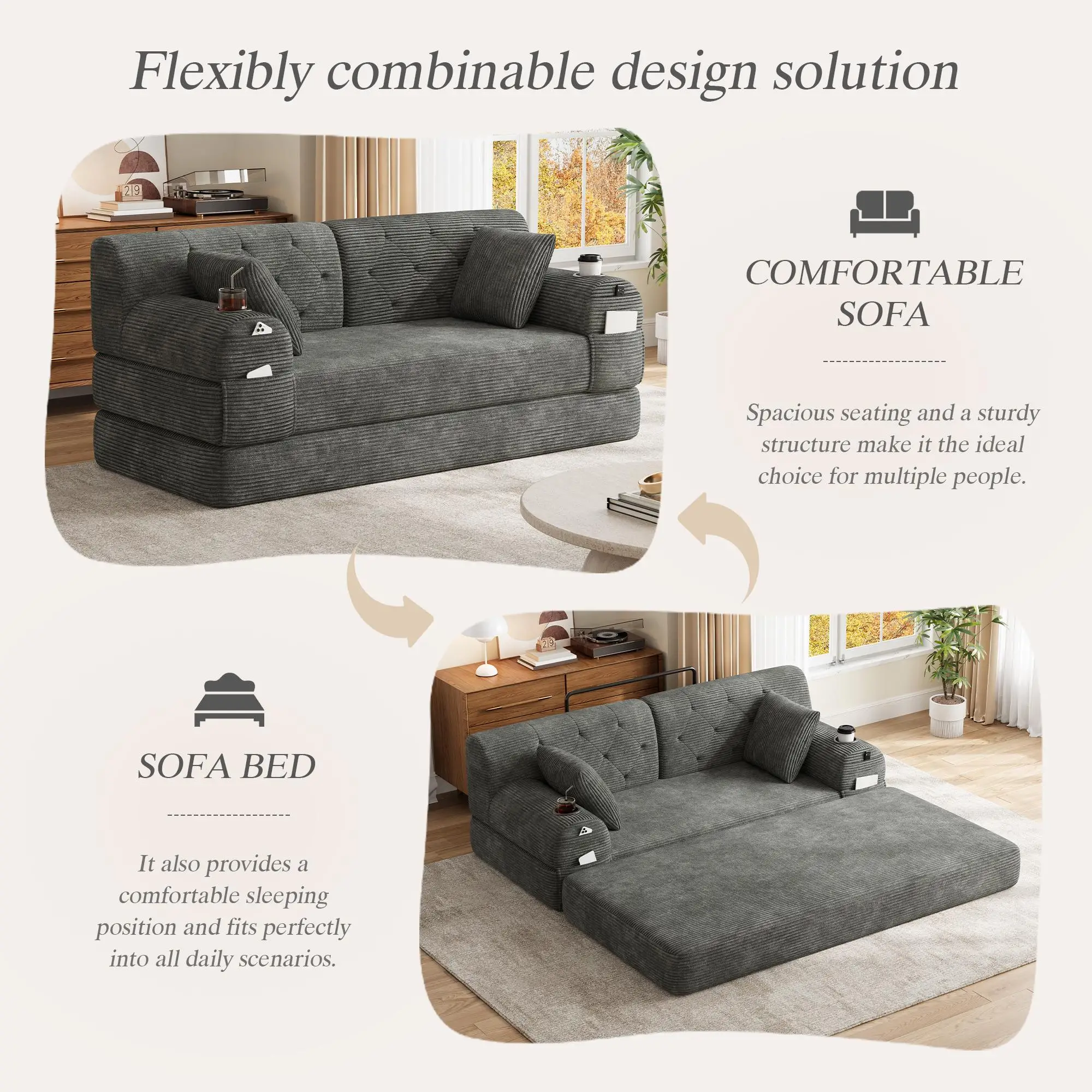 Corduroy Sofa Bed 168 x 80 x 81cm - Dark Grey - 7