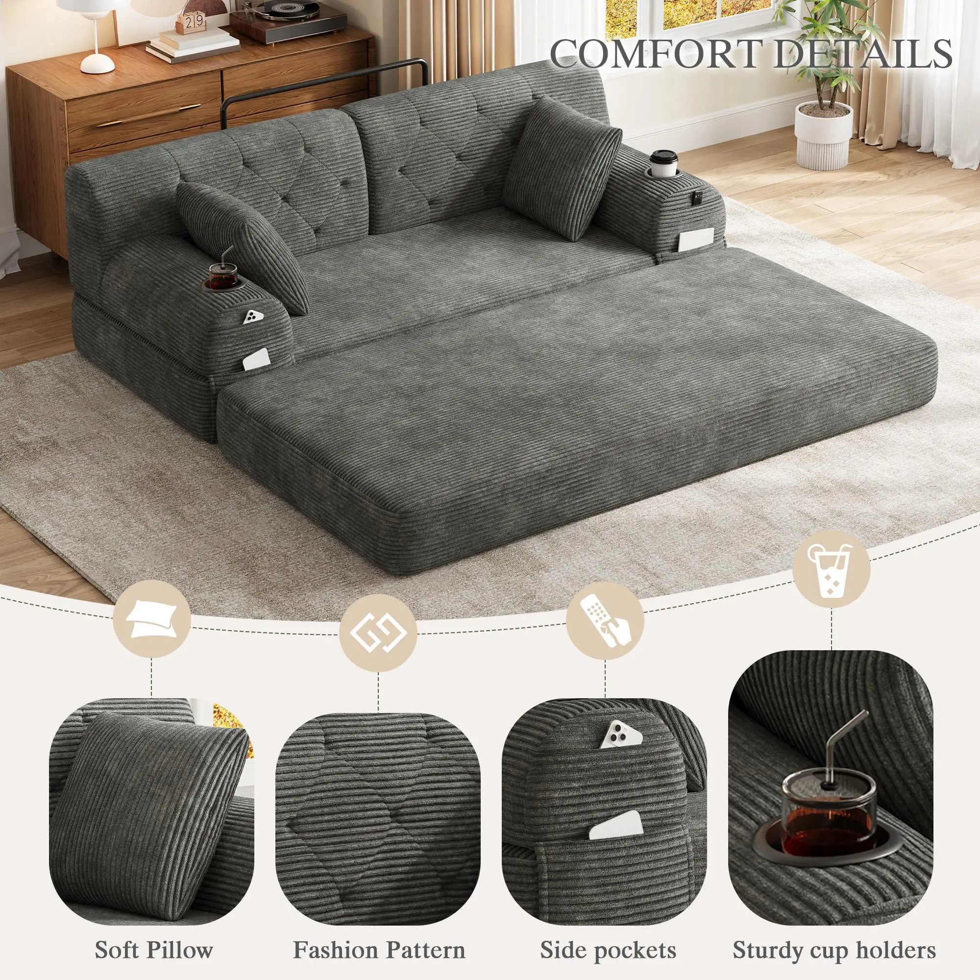 Corduroy Sofa Bed 168 x 80 x 81cm - Dark Grey - 8