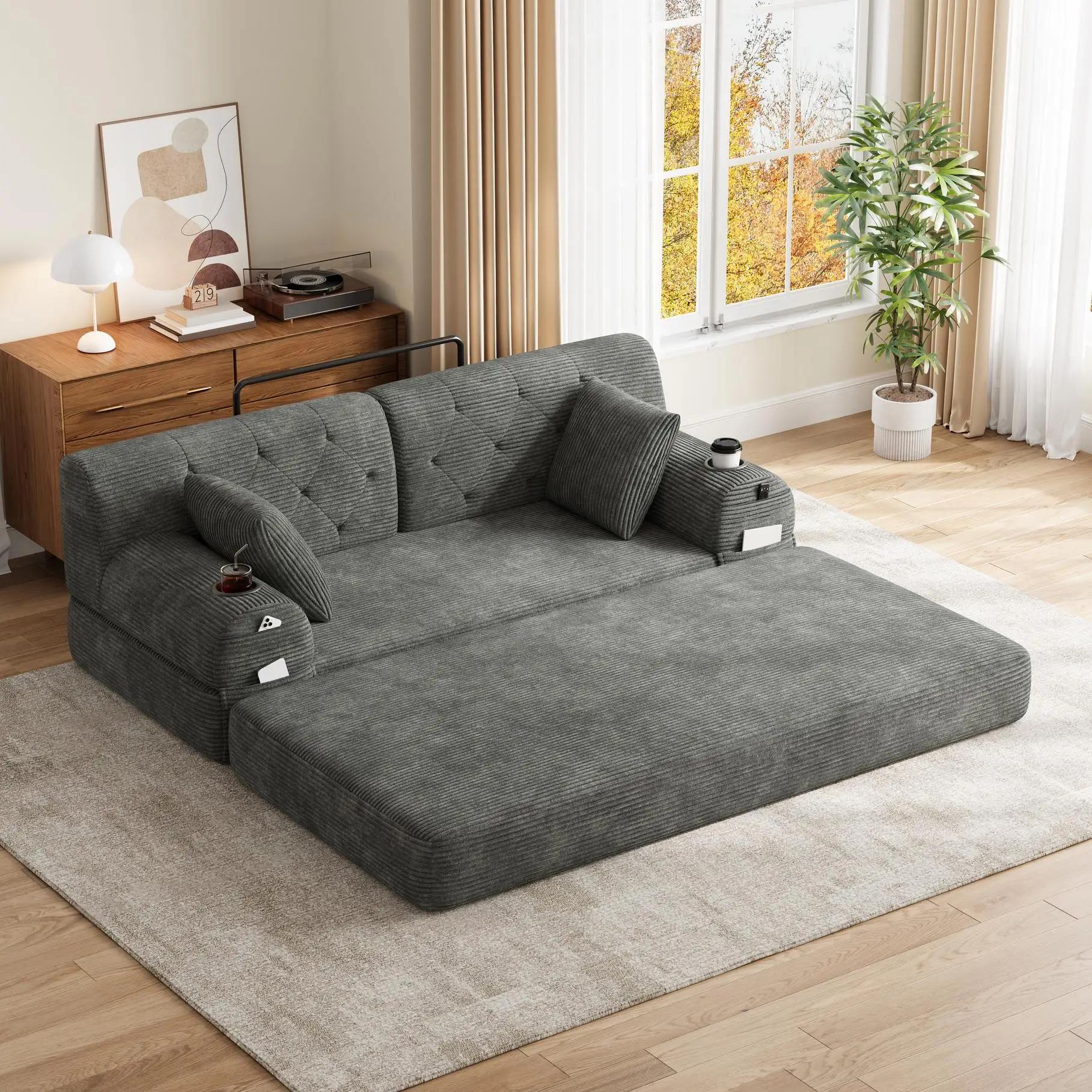 Corduroy Sofa Bed 168 x 80 x 81cm - Dark Grey - 9