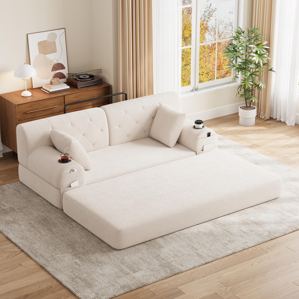 Corduroy Sofa Bed 168 x 80 x 81cm - Beige - 1