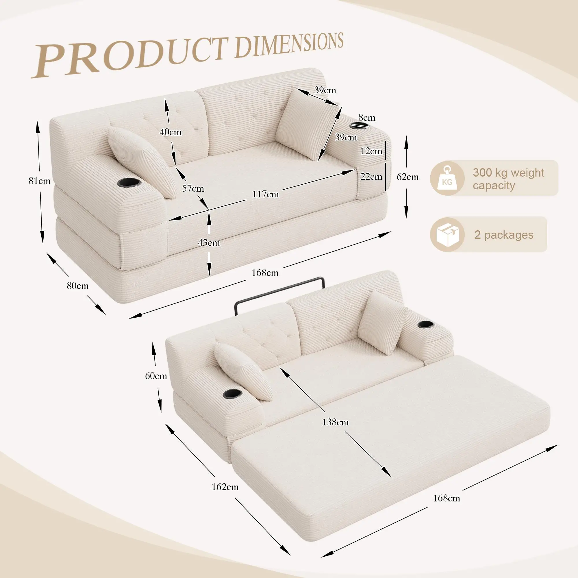 Corduroy Sofa Bed 168 x 80 x 81cm - Beige - 3