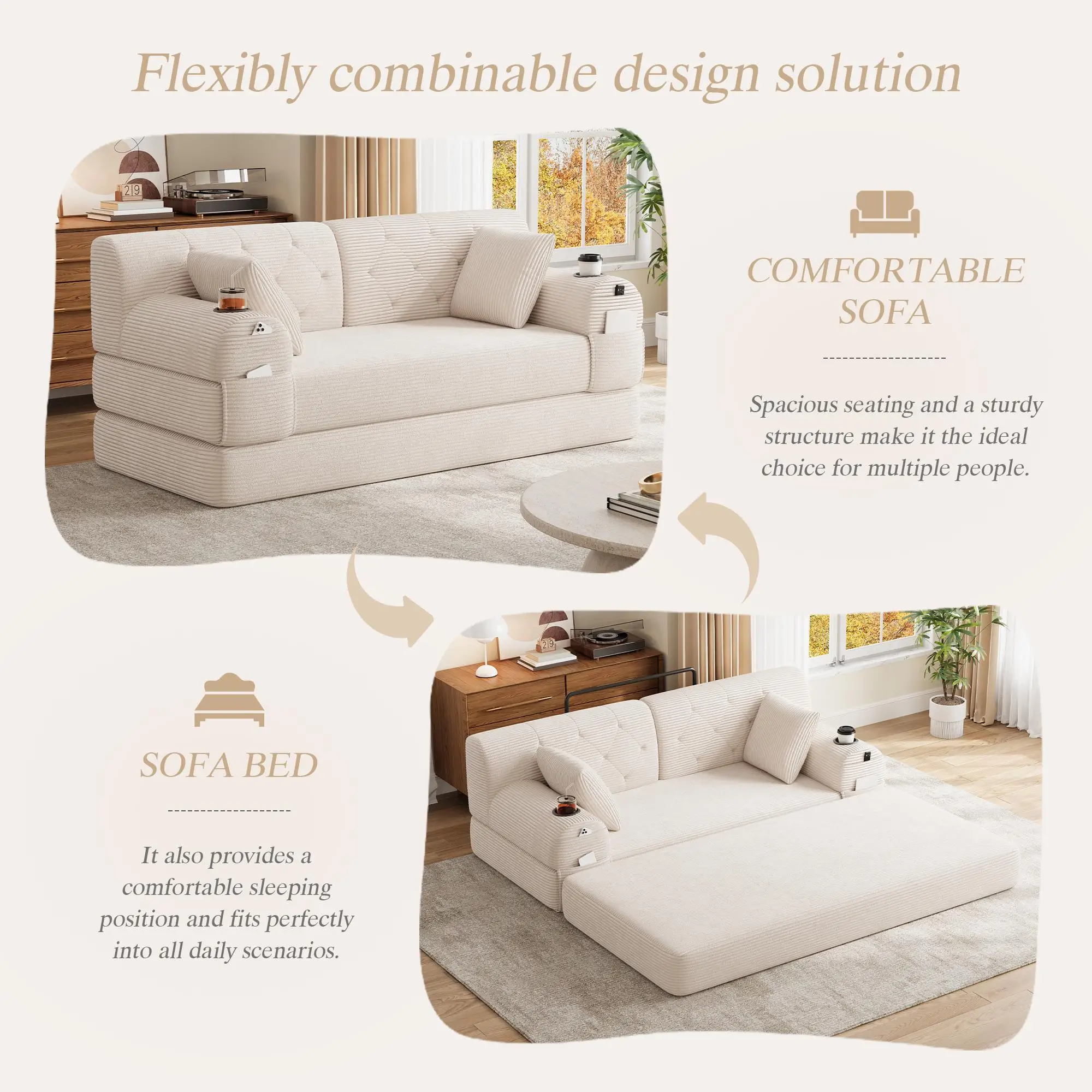 Corduroy Sofa Bed 168 x 80 x 81cm - Beige - 4