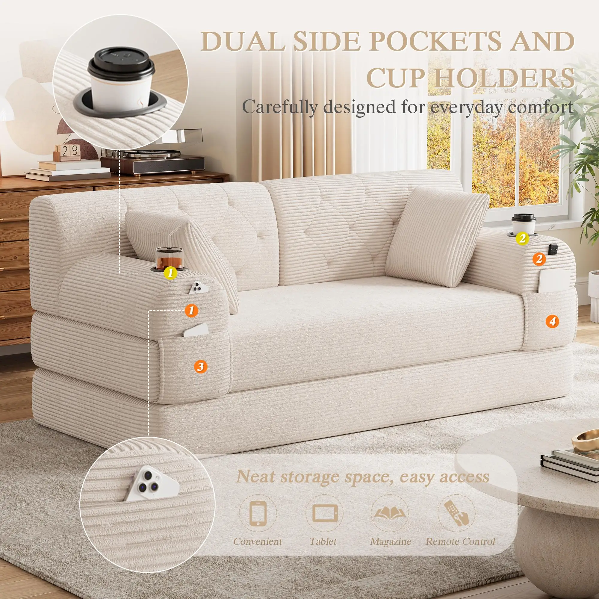 Corduroy Sofa Bed 168 x 80 x 81cm - Beige - 5