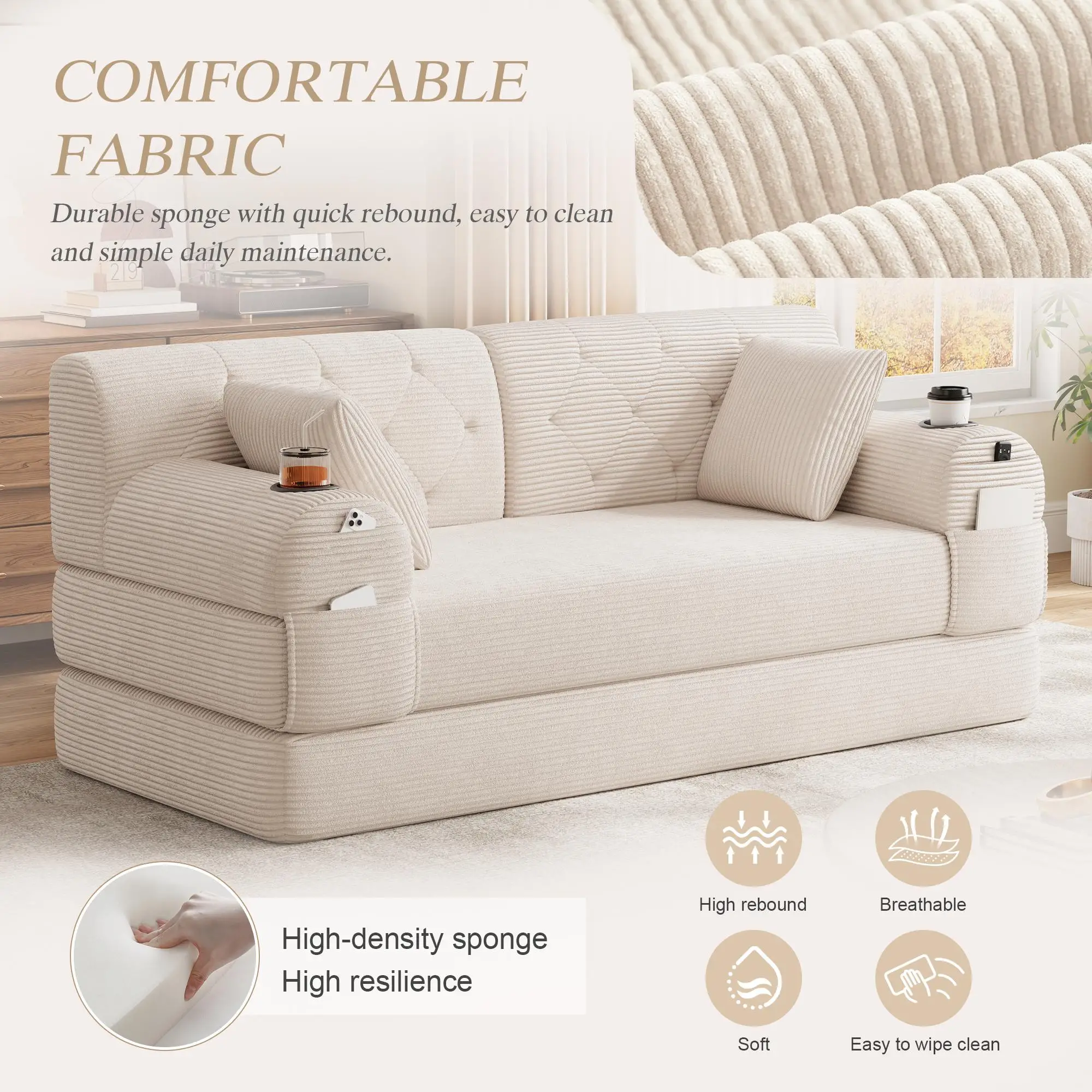 Corduroy Sofa Bed 168 x 80 x 81cm - Beige - 6
