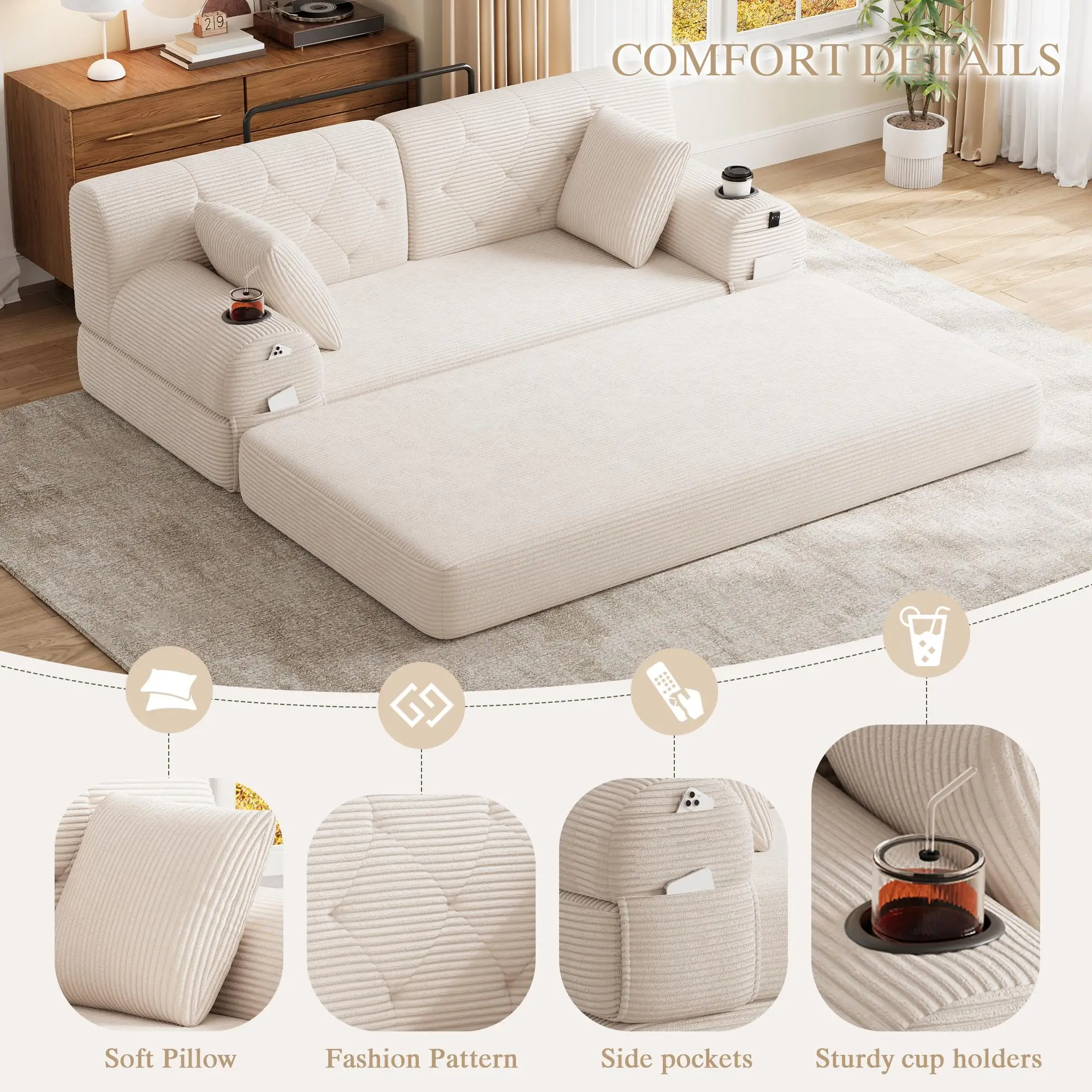 Corduroy Sofa Bed 168 x 80 x 81cm - Beige - 7
