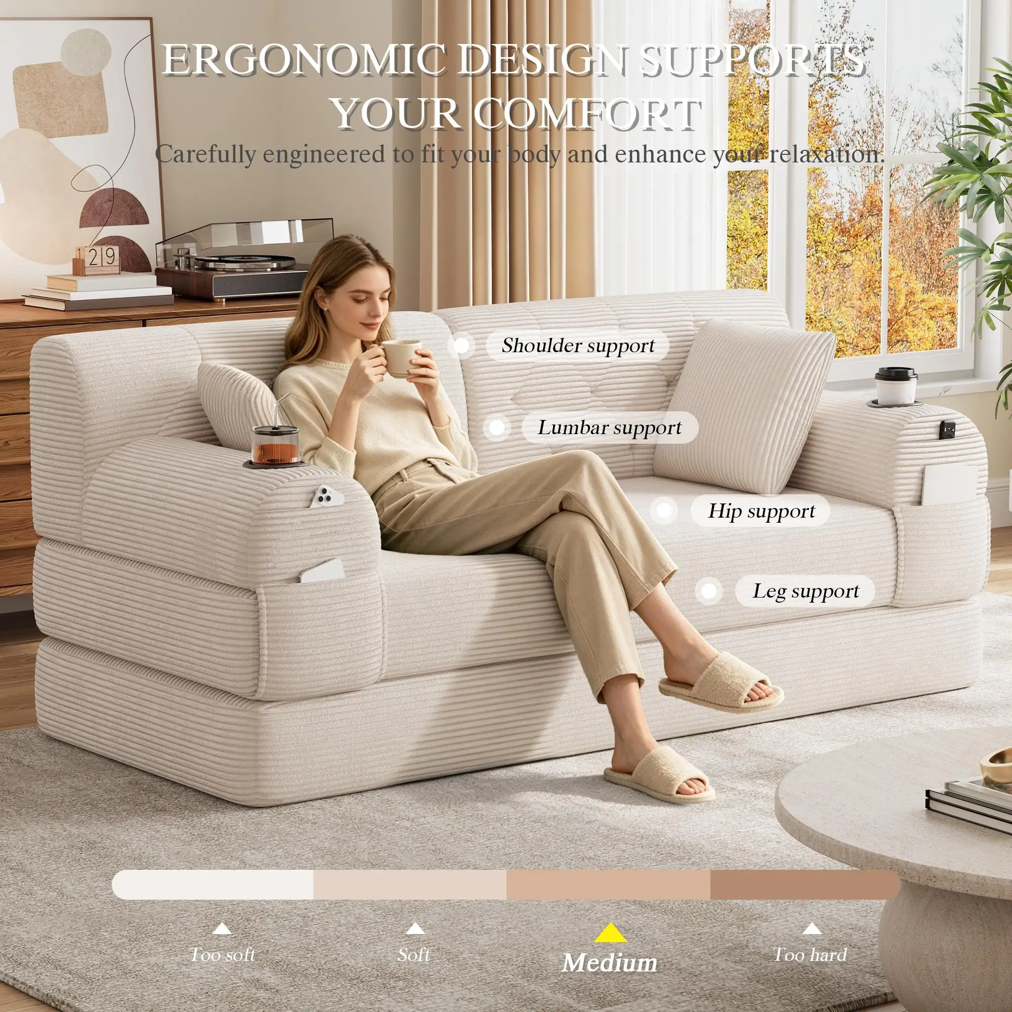 Corduroy Sofa Bed 168 x 80 x 81cm - Beige - 8