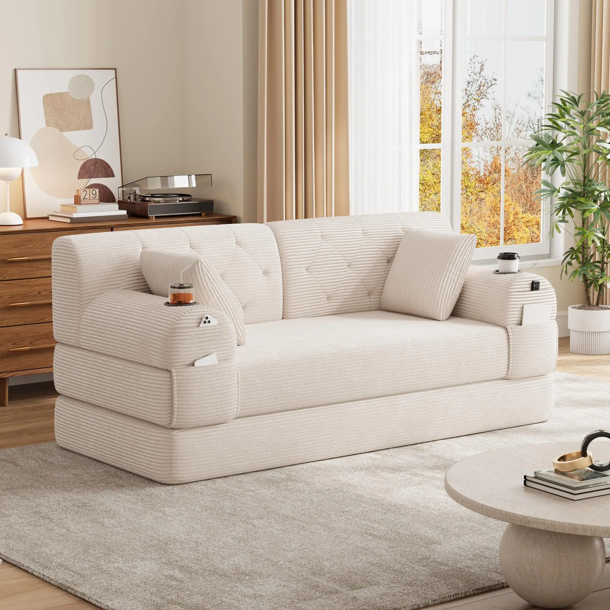 Corduroy Sofa Bed 168 x 80 x 81cm - Beige - 9