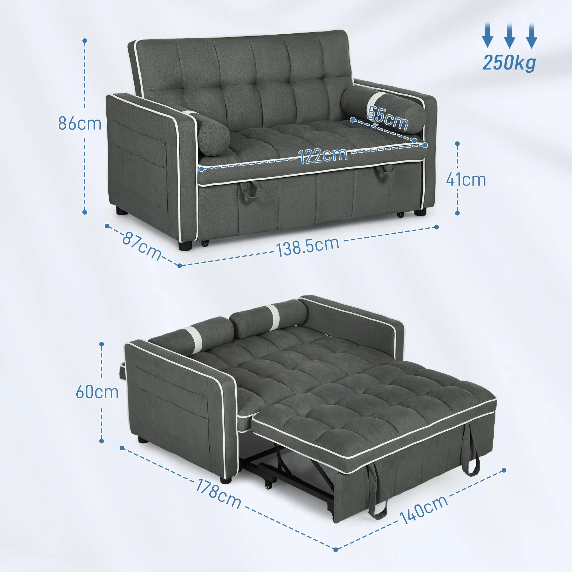 Linen Sofa Bed 138.5 x 87 x 86cm - Charcoal Grey - 3
