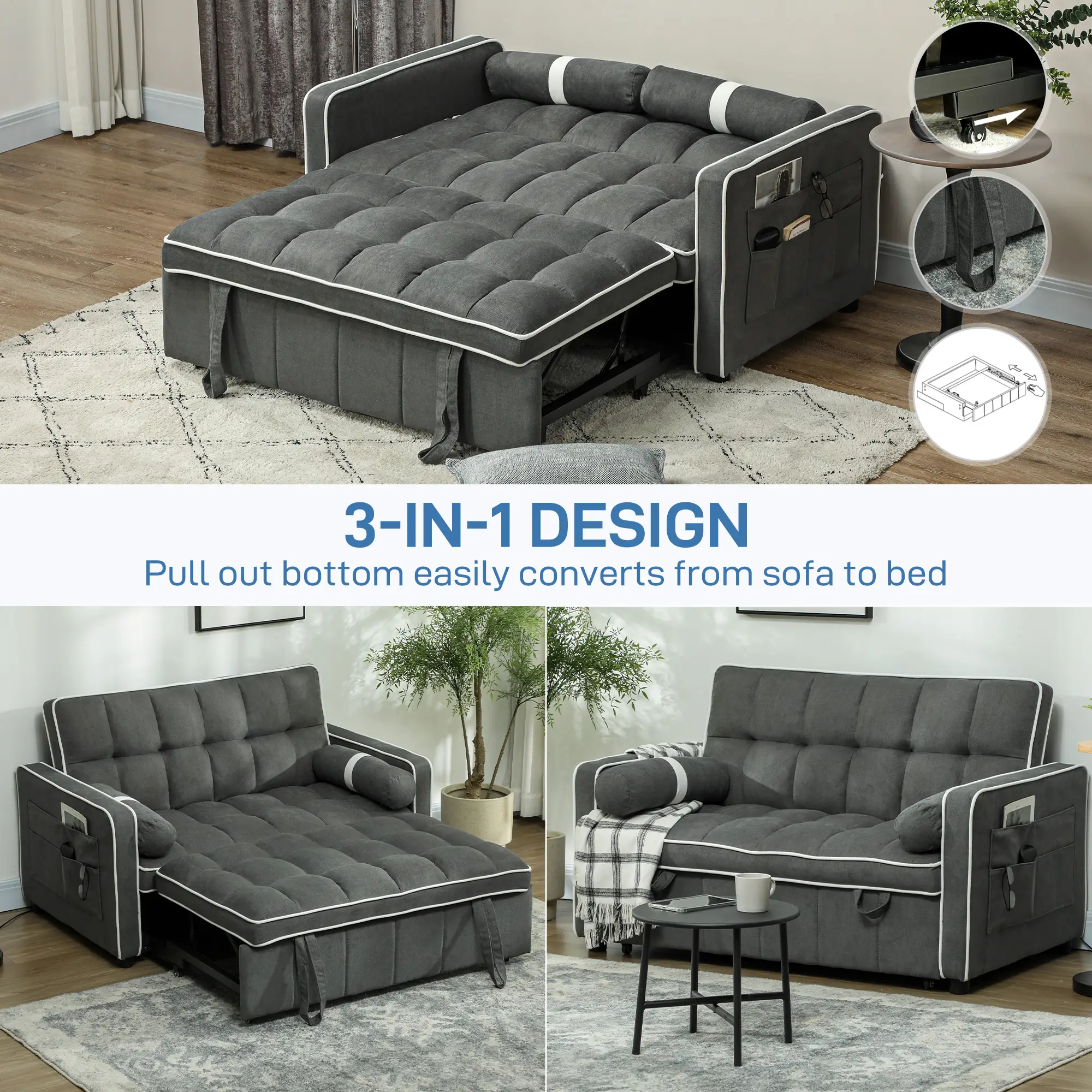 Linen Sofa Bed 138.5 x 87 x 86cm - Charcoal Grey - 4