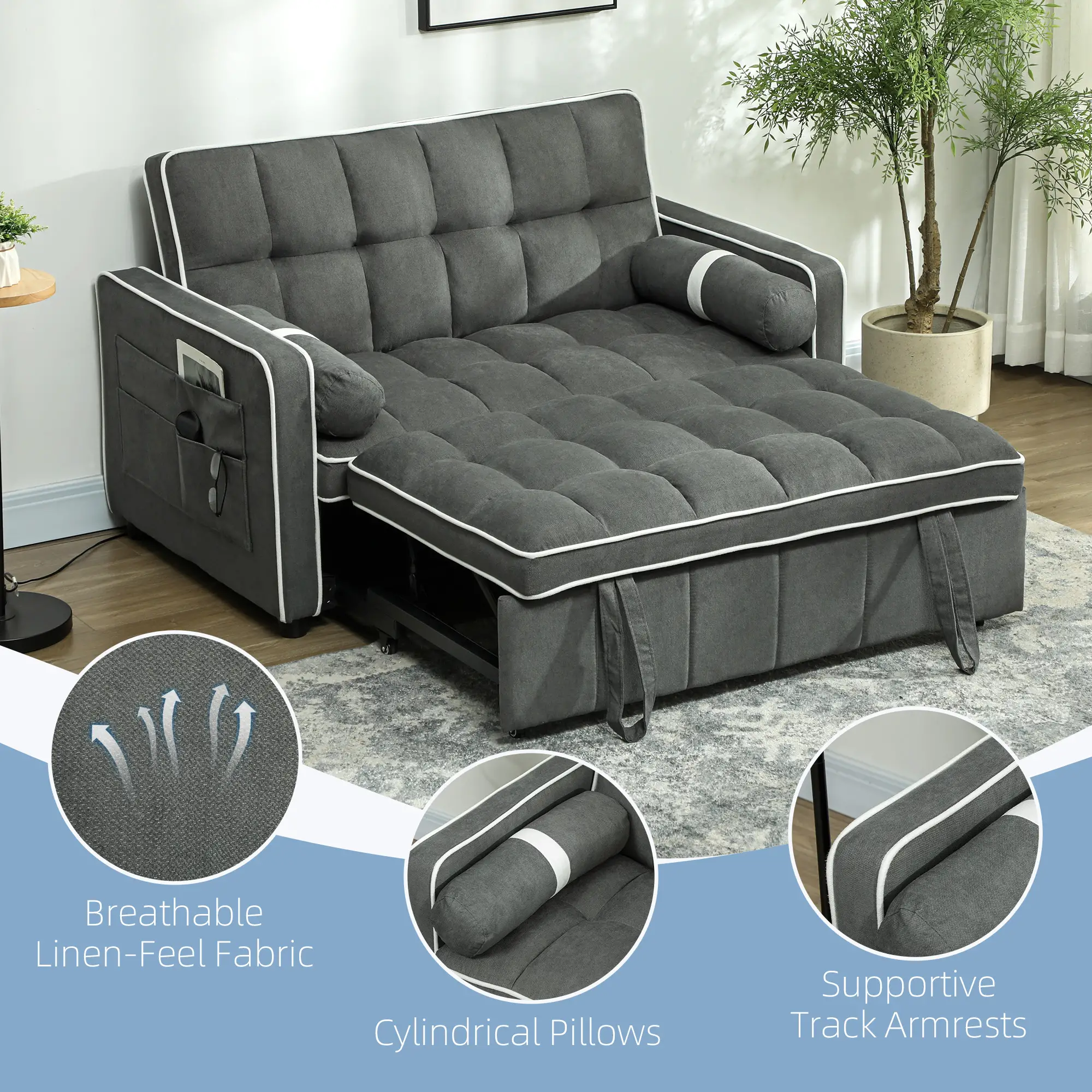 Linen Sofa Bed 138.5 x 87 x 86cm - Charcoal Grey - 6