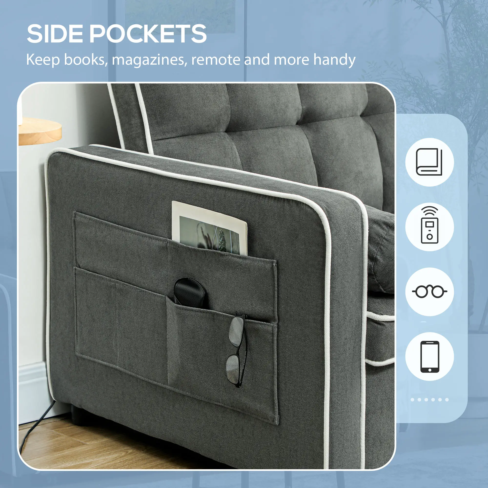 Linen Sofa Bed 138.5 x 87 x 86cm - Charcoal Grey - 7