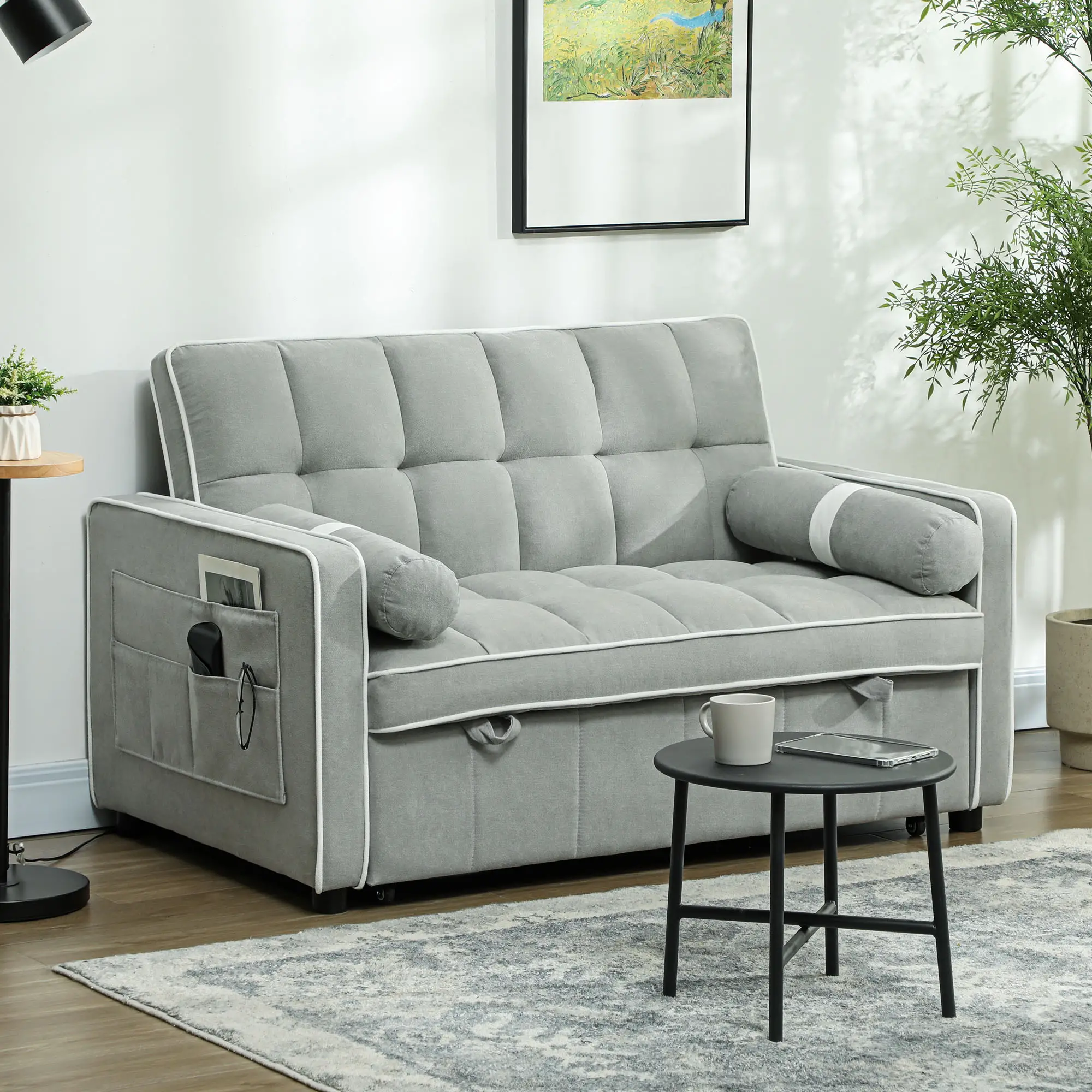 Linen Sofa Bed 138.5 x 87 x 86cm - Light Grey - 2