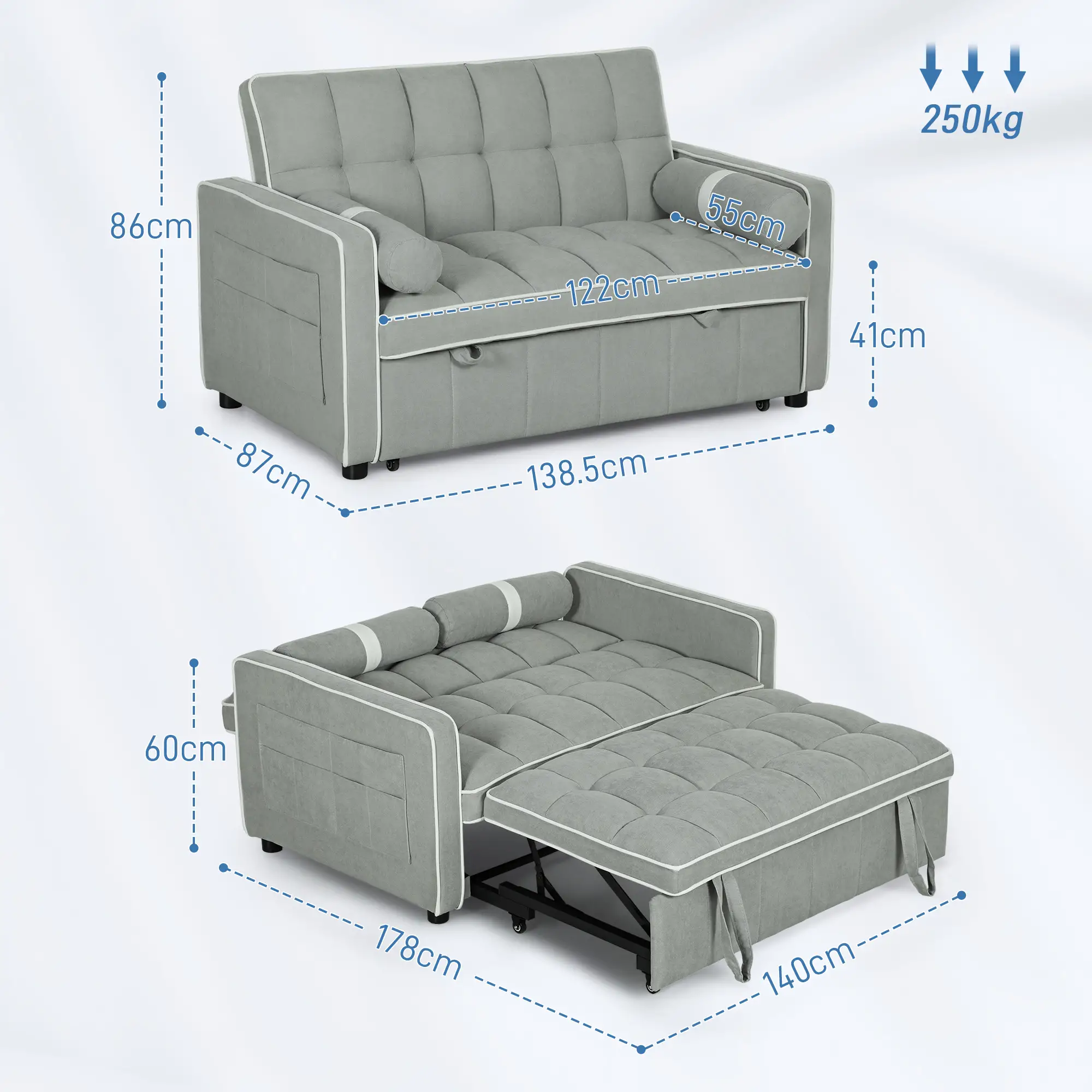 Linen Sofa Bed 138.5 x 87 x 86cm - Light Grey - 3