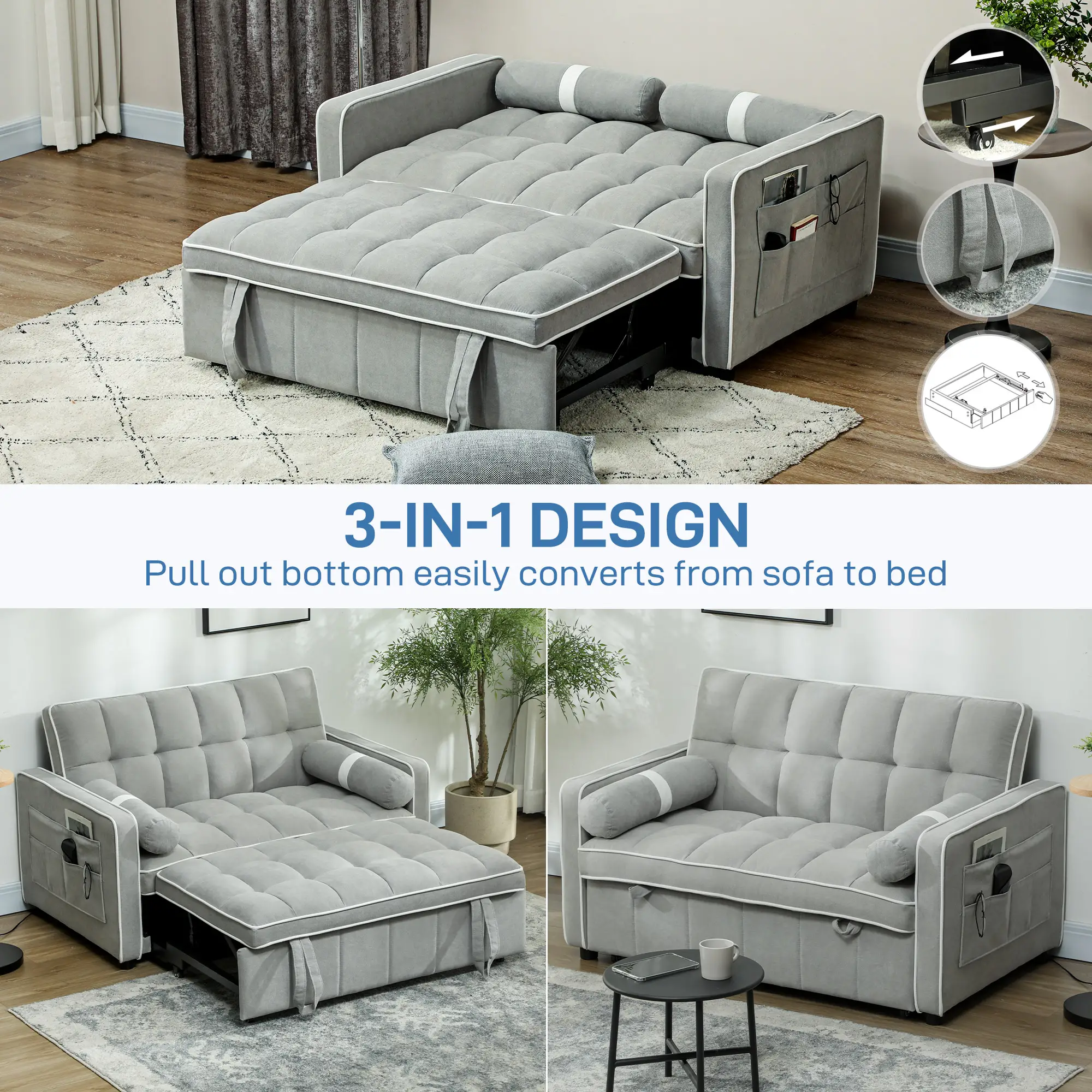 Linen Sofa Bed 138.5 x 87 x 86cm - Light Grey - 4