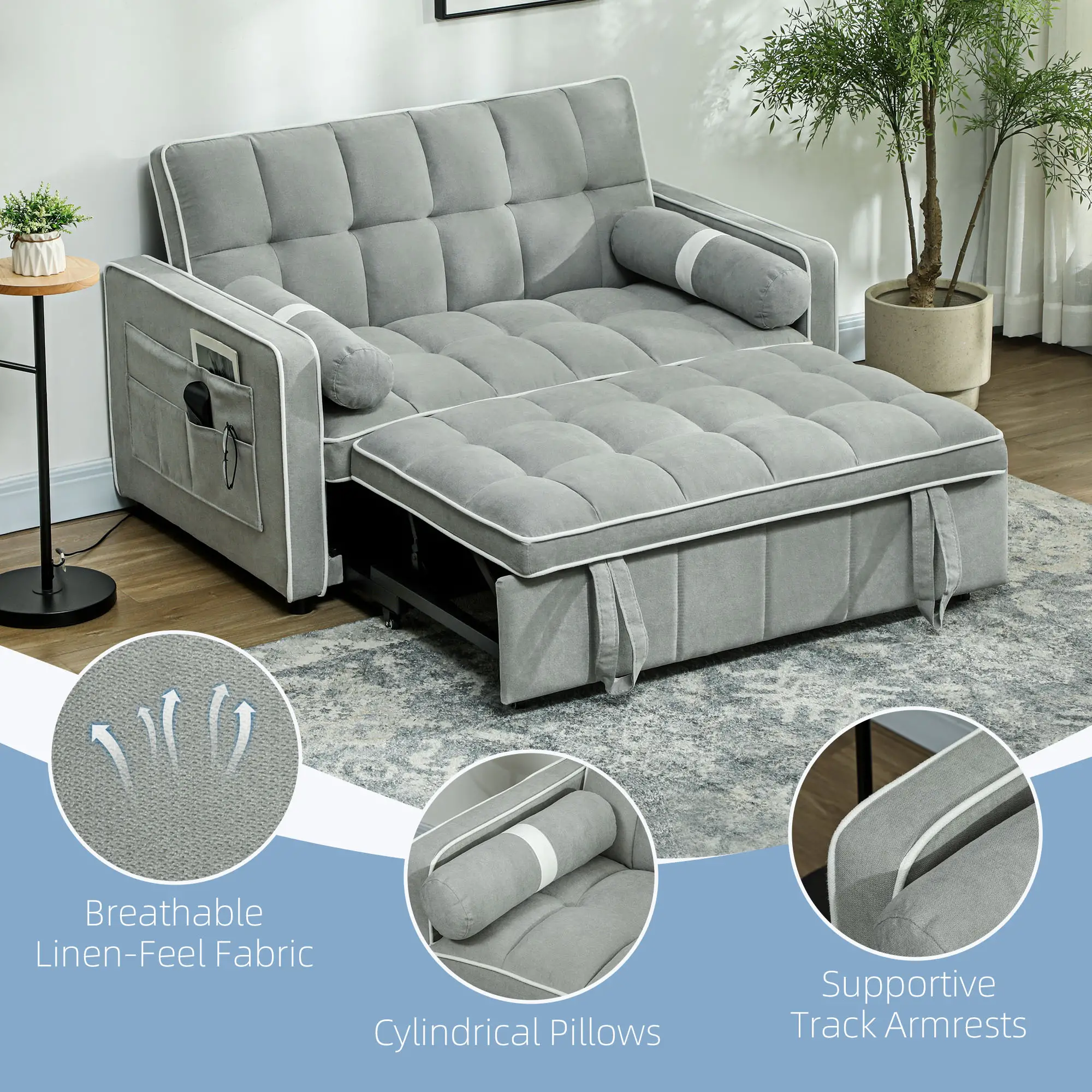 Linen Sofa Bed 138.5 x 87 x 86cm - Light Grey - 6