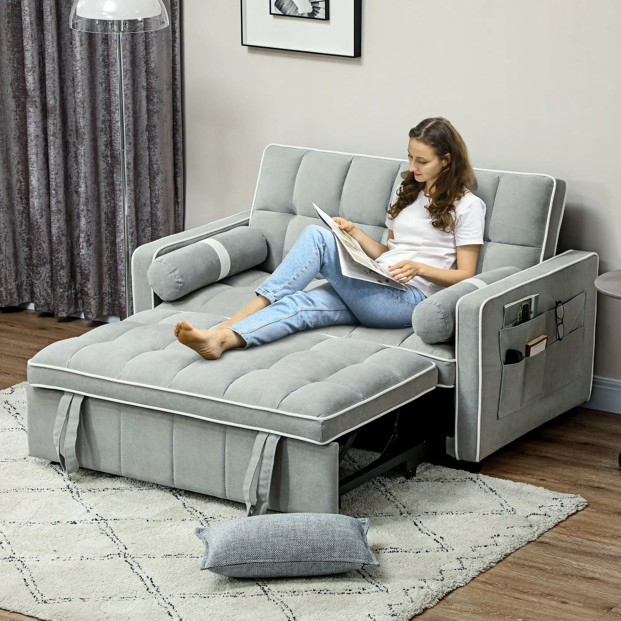 Linen Sofa Bed 138.5 x 87 x 86cm - Light Grey - 10