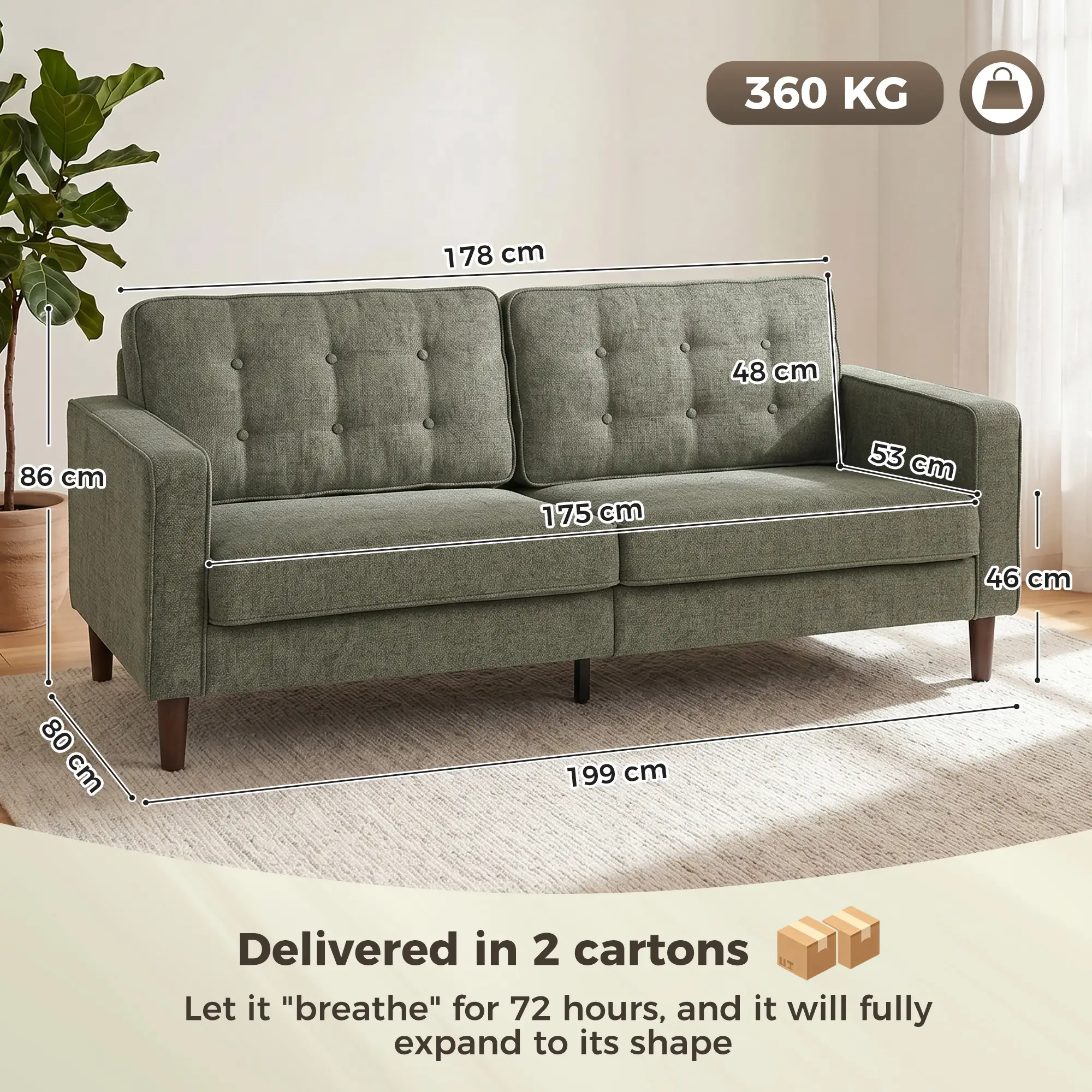 3 Seater Velvet Sofa 199 x 80 x 86cm - Green - 3