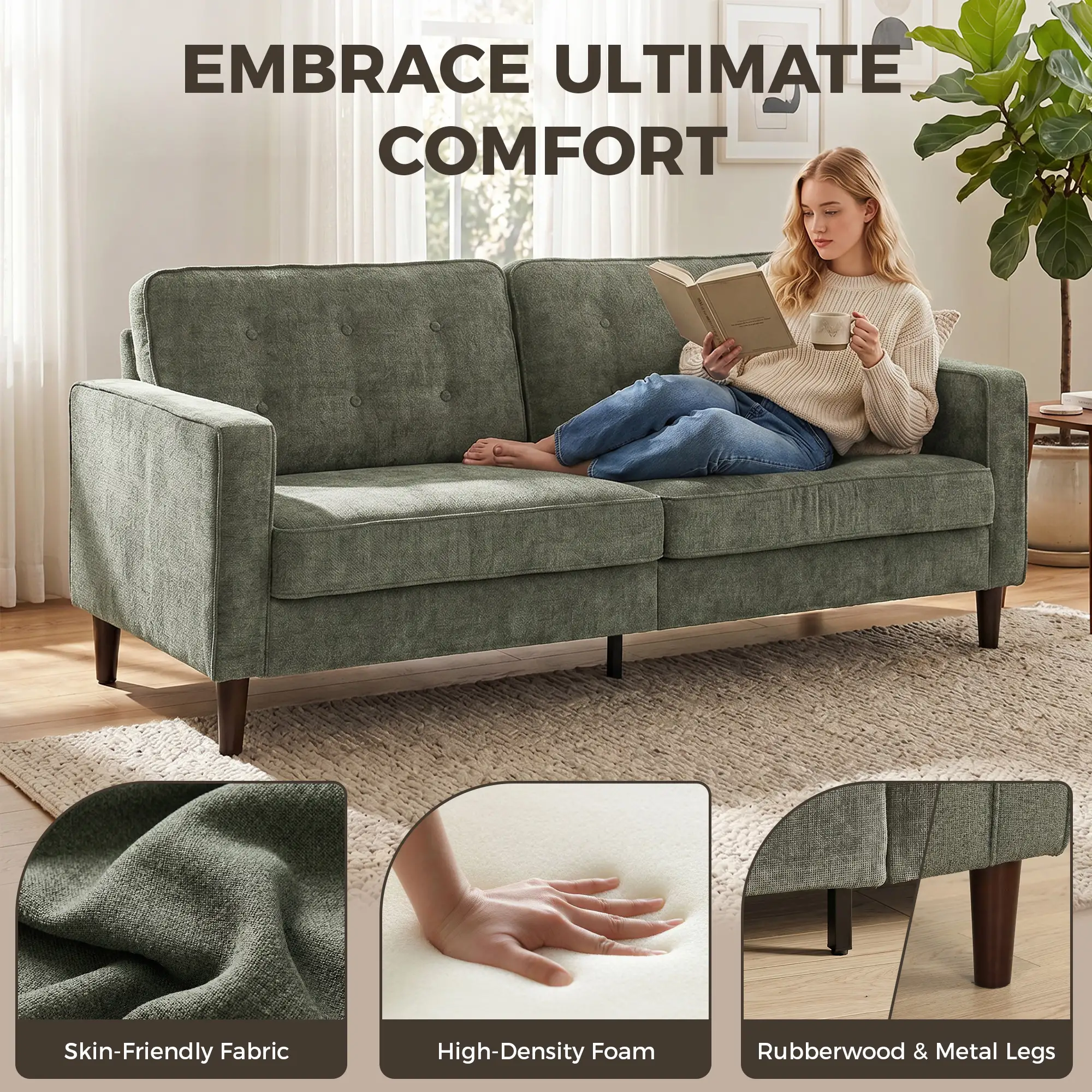 3 Seater Velvet Sofa 199 x 80 x 86cm - Green - 4