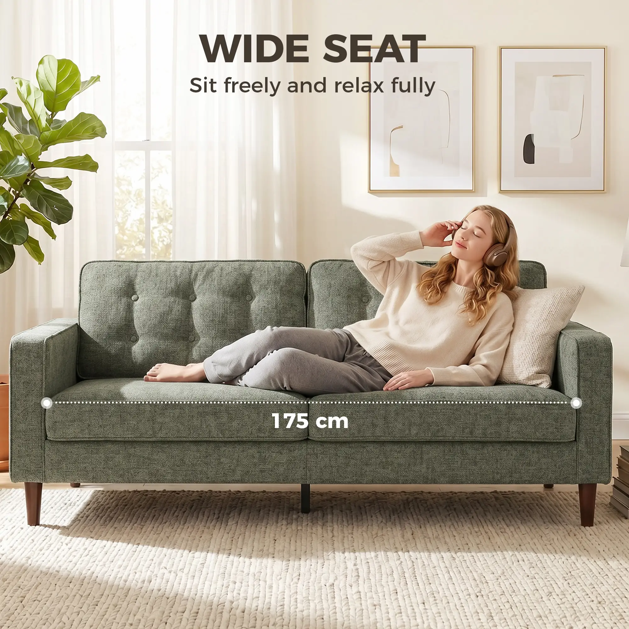 3 Seater Velvet Sofa 199 x 80 x 86cm - Green - 5