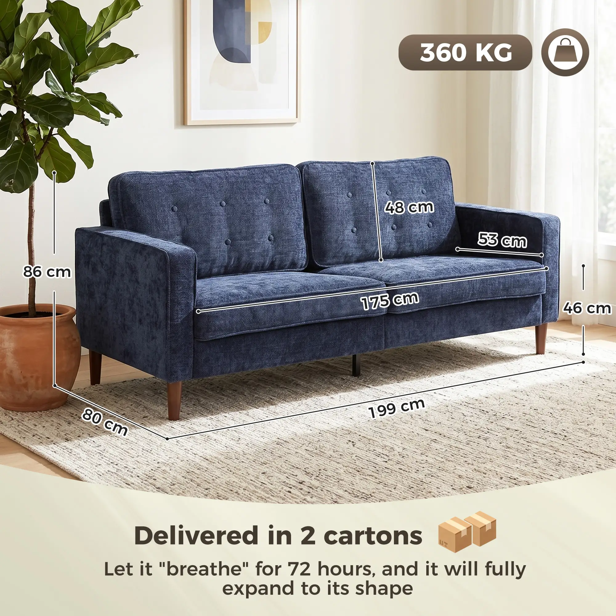 3 Seater Velvet Sofa 199 x 80 x 86cm - Dark Blue - 3