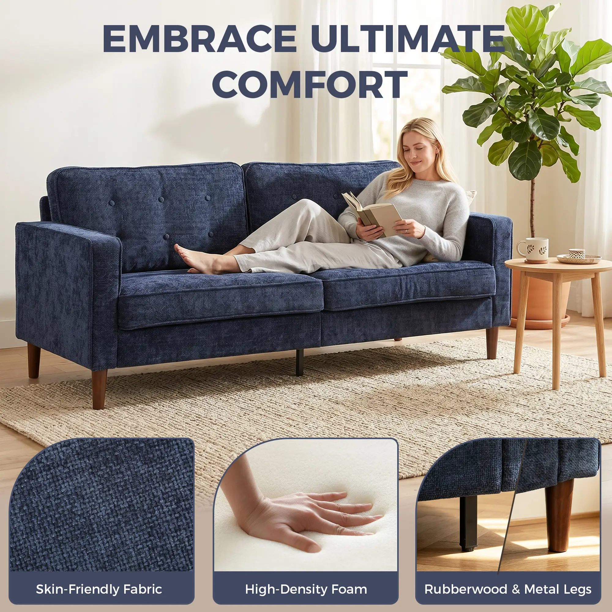 3 Seater Velvet Sofa 199 x 80 x 86cm - Dark Blue - 4