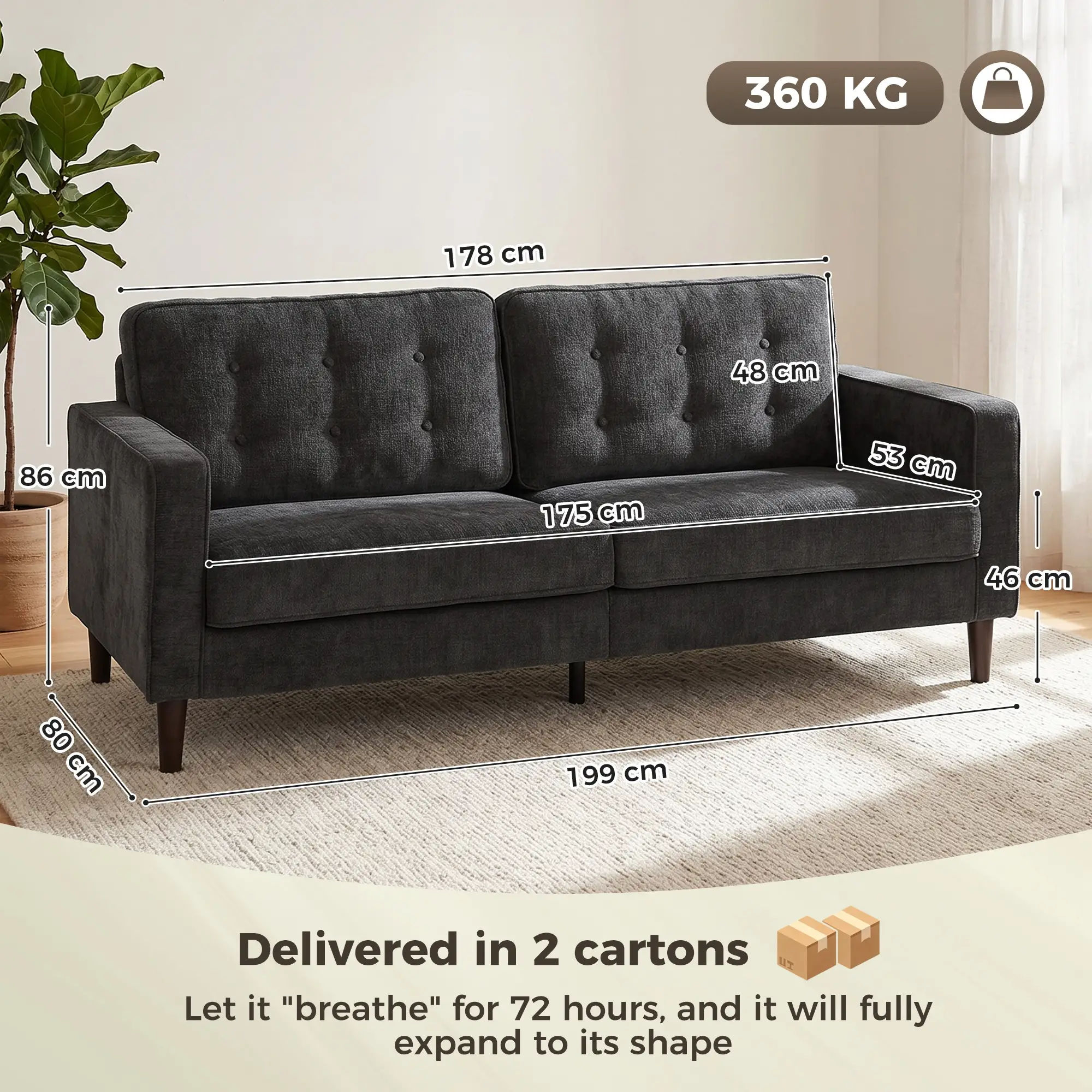 3 Seater Velvet Sofa 199 x 80 x 86cm - Dark Grey - 3