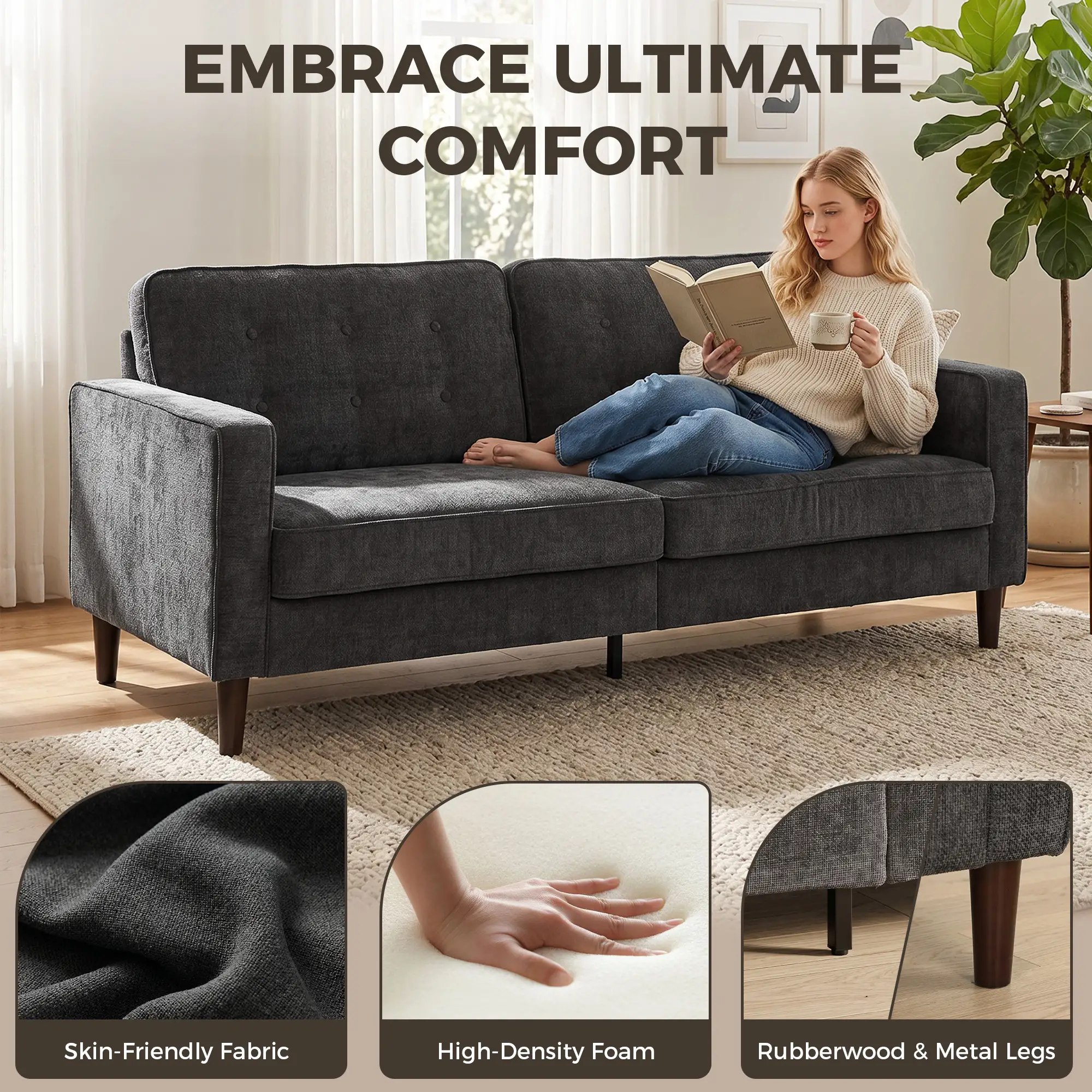 3 Seater Velvet Sofa 199 x 80 x 86cm - Dark Grey - 4