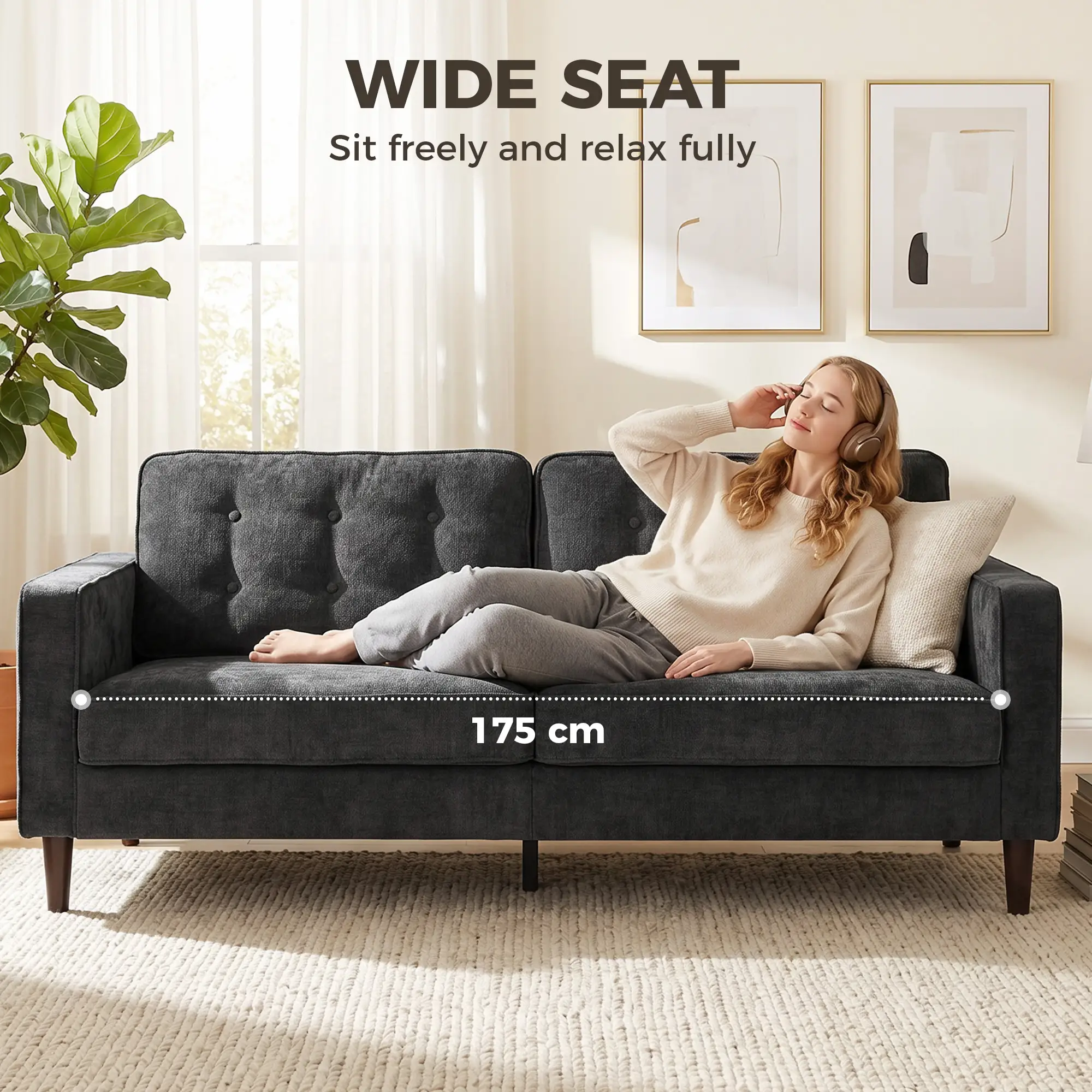 3 Seater Velvet Sofa 199 x 80 x 86cm - Dark Grey - 5