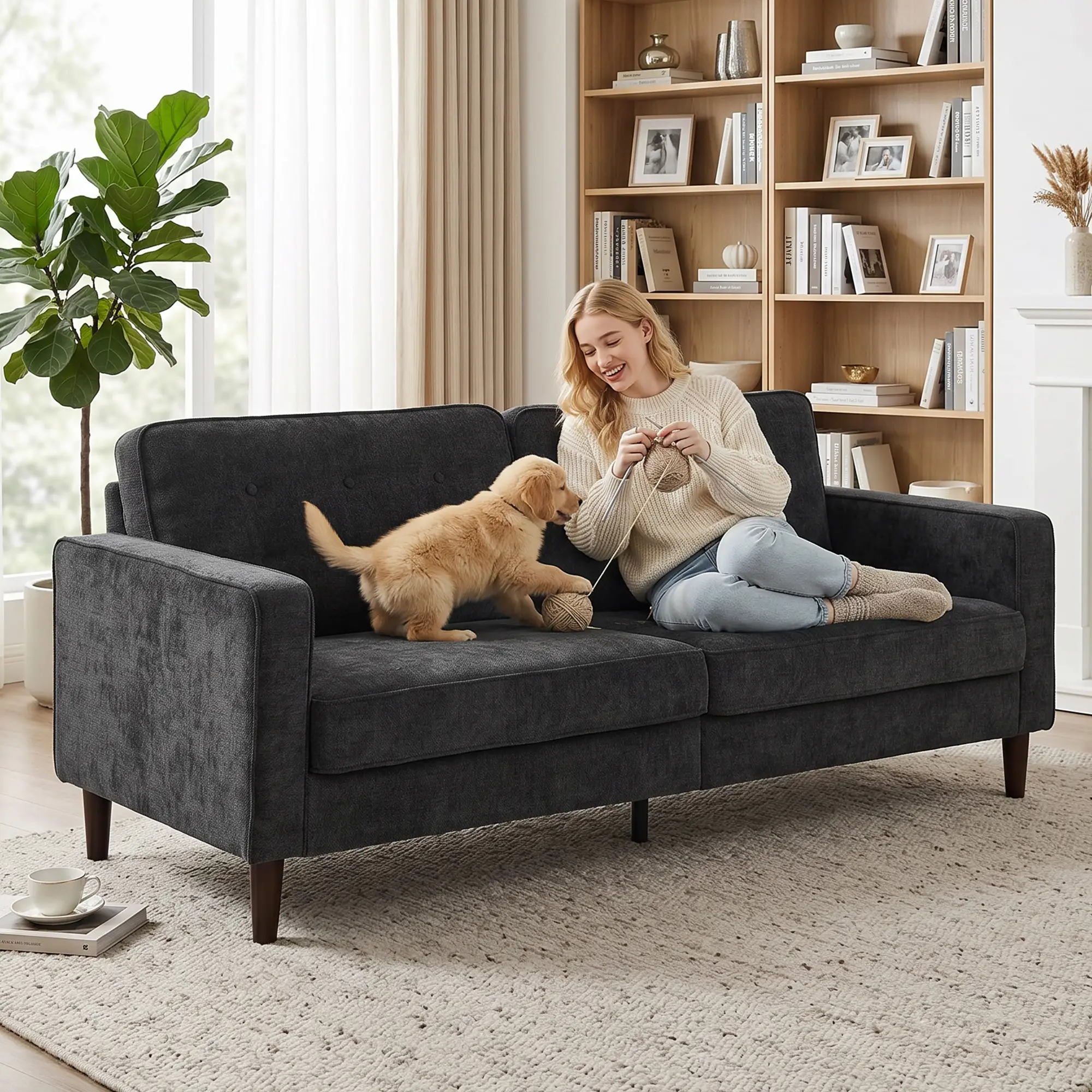 3 Seater Velvet Sofa 199 x 80 x 86cm - Dark Grey - 7