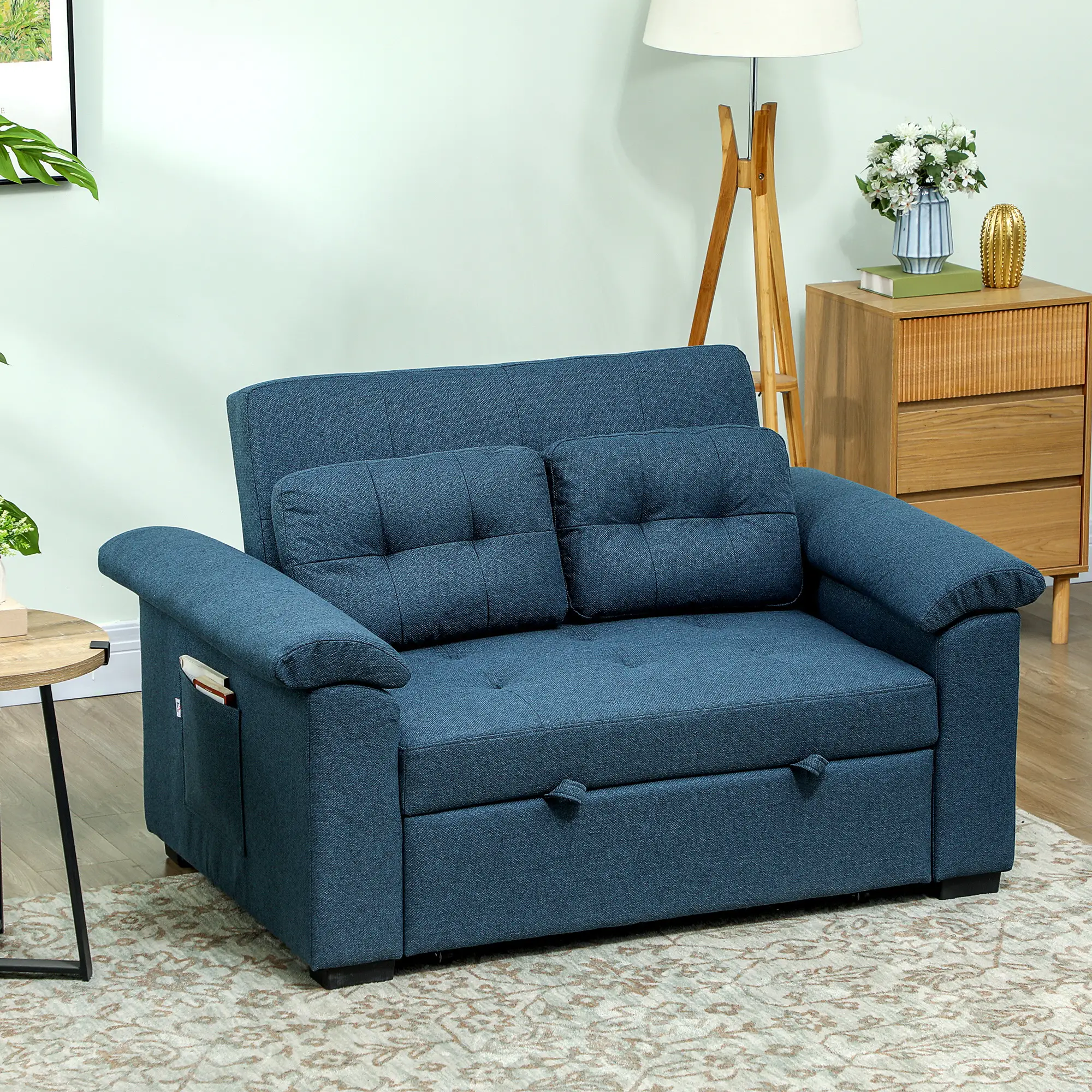 2 Seater Linen Sofa Bed 140 x 87.5 x 86cm, Blue - Blue - 2