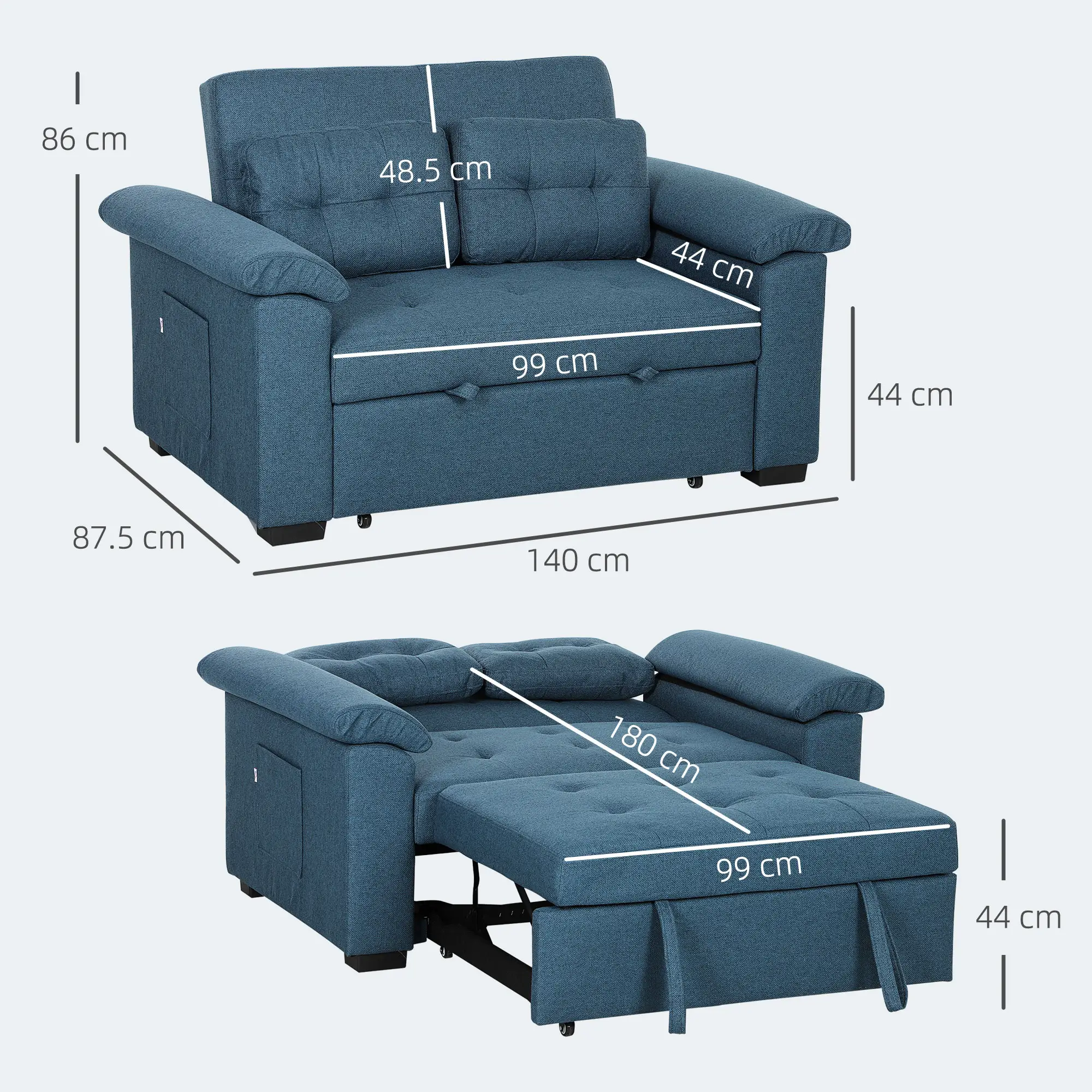 2 Seater Linen Sofa Bed 140 x 87.5 x 86cm, Blue - Blue - 3