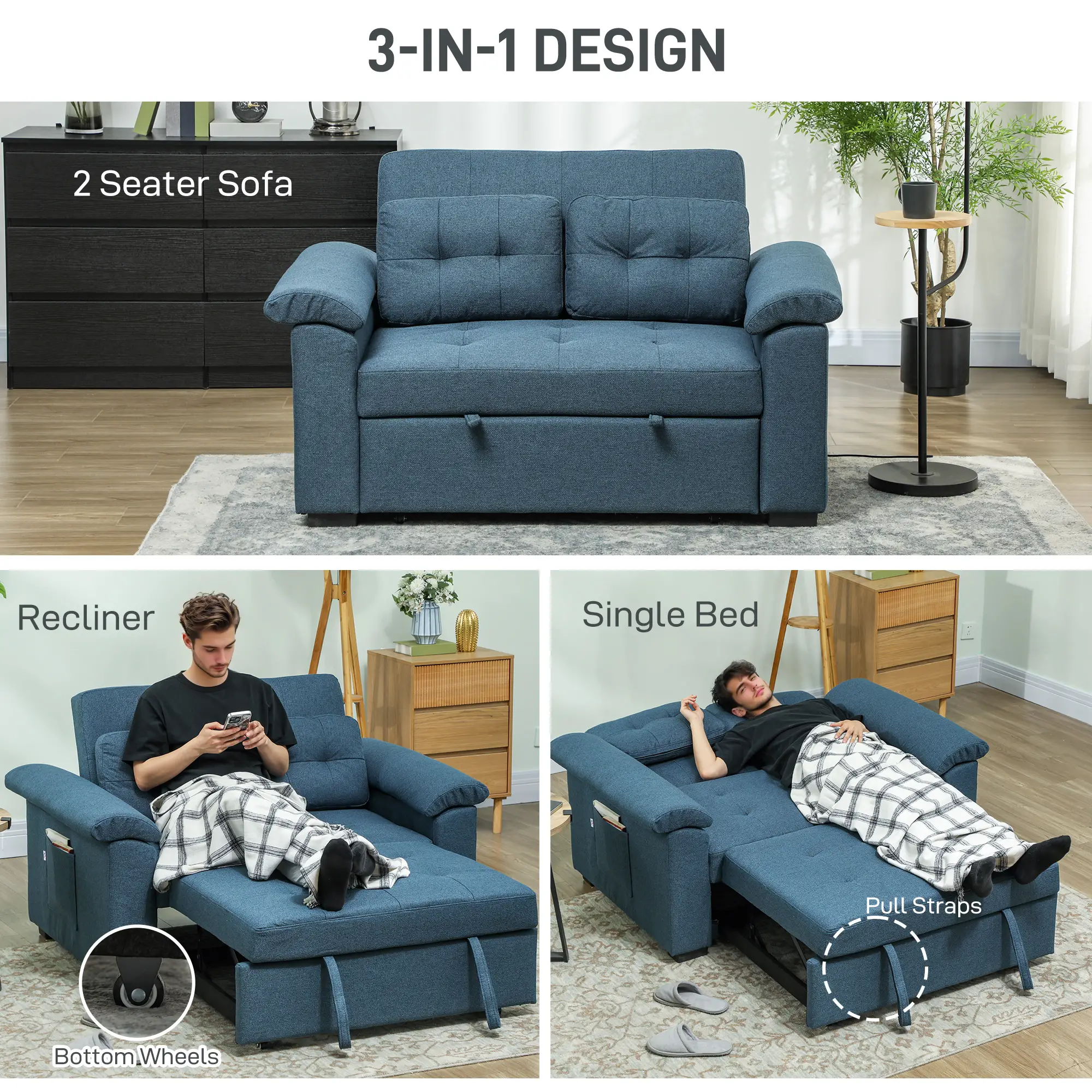 2 Seater Linen Sofa Bed 140 x 87.5 x 86cm, Blue - Blue - 4