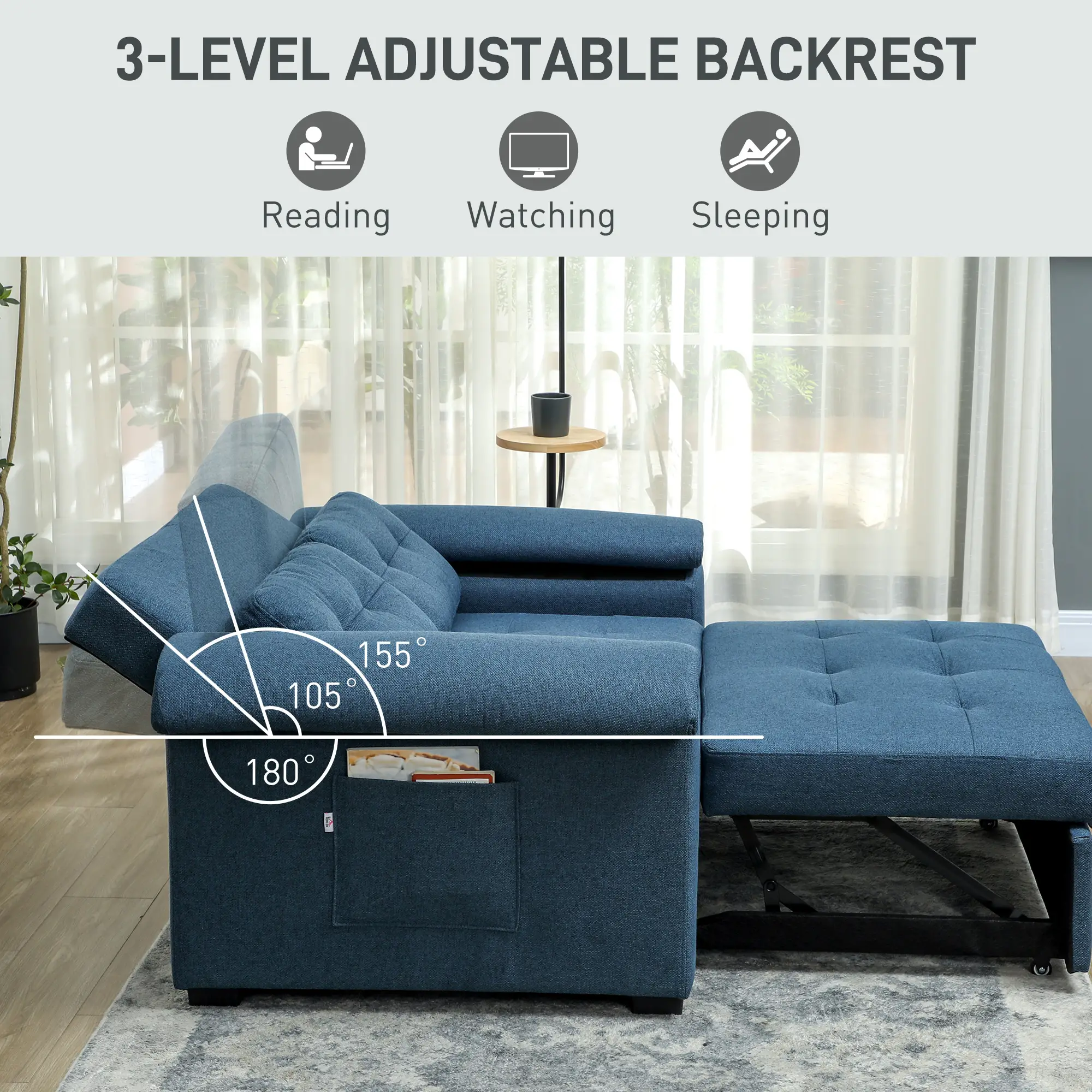 2 Seater Linen Sofa Bed 140 x 87.5 x 86cm, Blue - Blue - 6