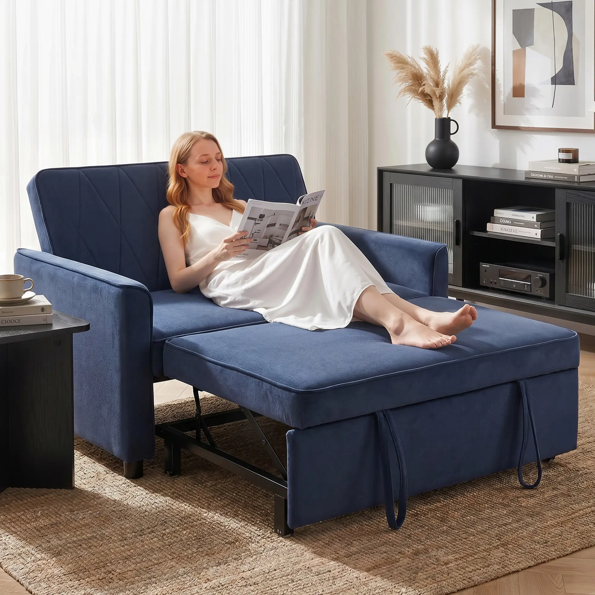 2 Seater Velvet Sofa Bed 130 x 87 x 90cm - Dark Blue - 2