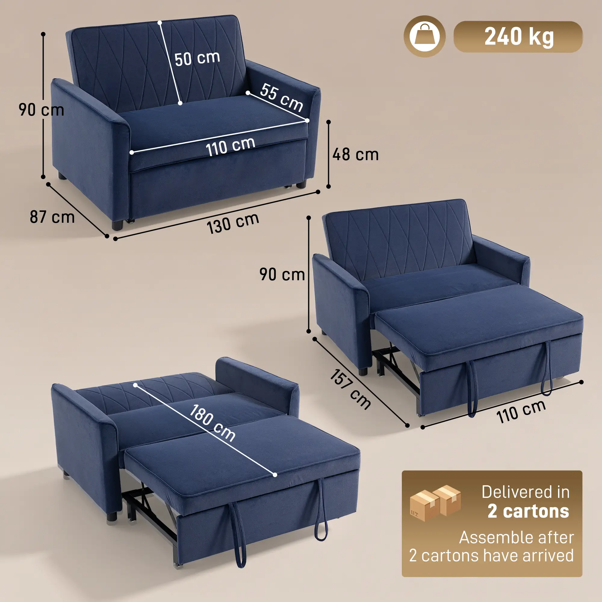 2 Seater Velvet Sofa Bed 130 x 87 x 90cm - Dark Blue - 3