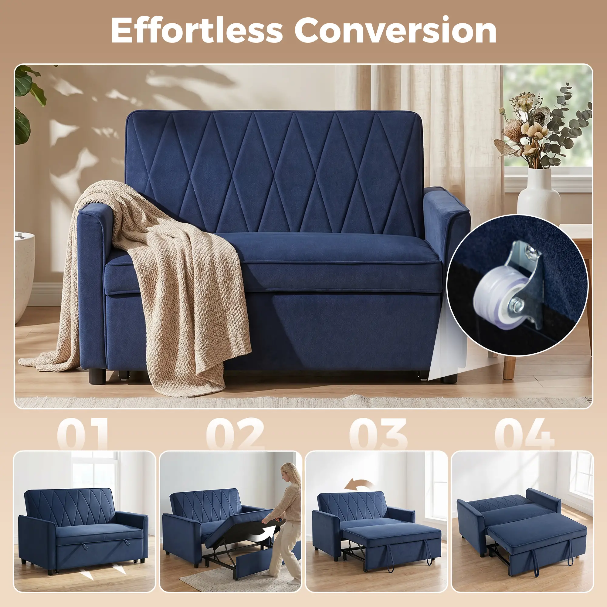 2 Seater Velvet Sofa Bed 130 x 87 x 90cm - Dark Blue - 4