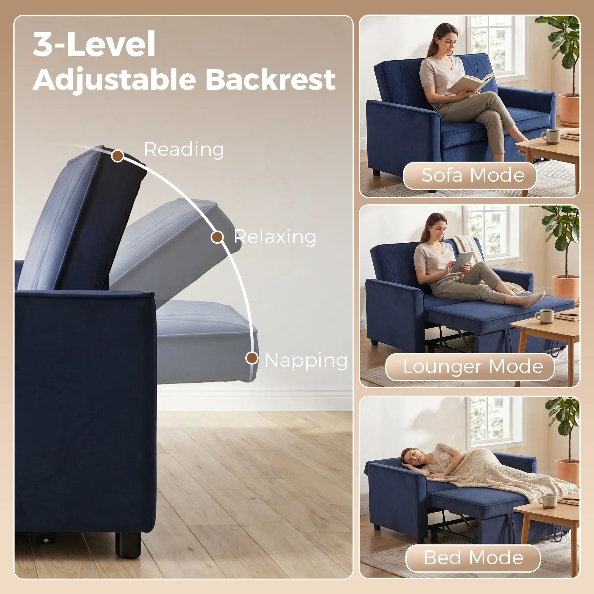 2 Seater Velvet Sofa Bed 130 x 87 x 90cm - Dark Blue - 5