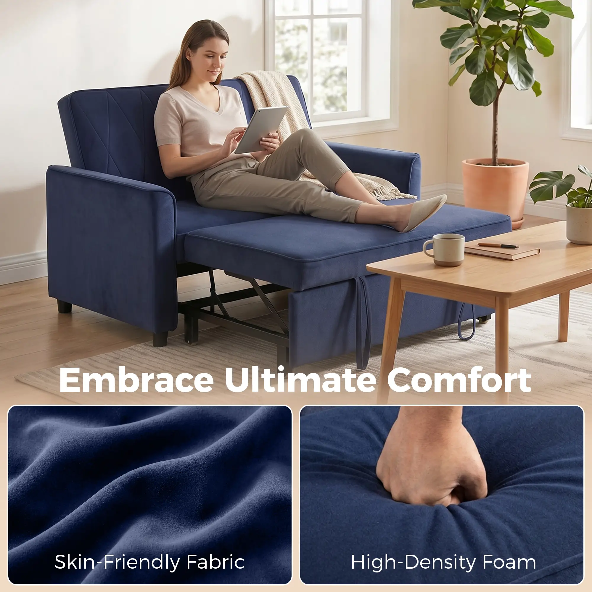 2 Seater Velvet Sofa Bed 130 x 87 x 90cm - Dark Blue - 6