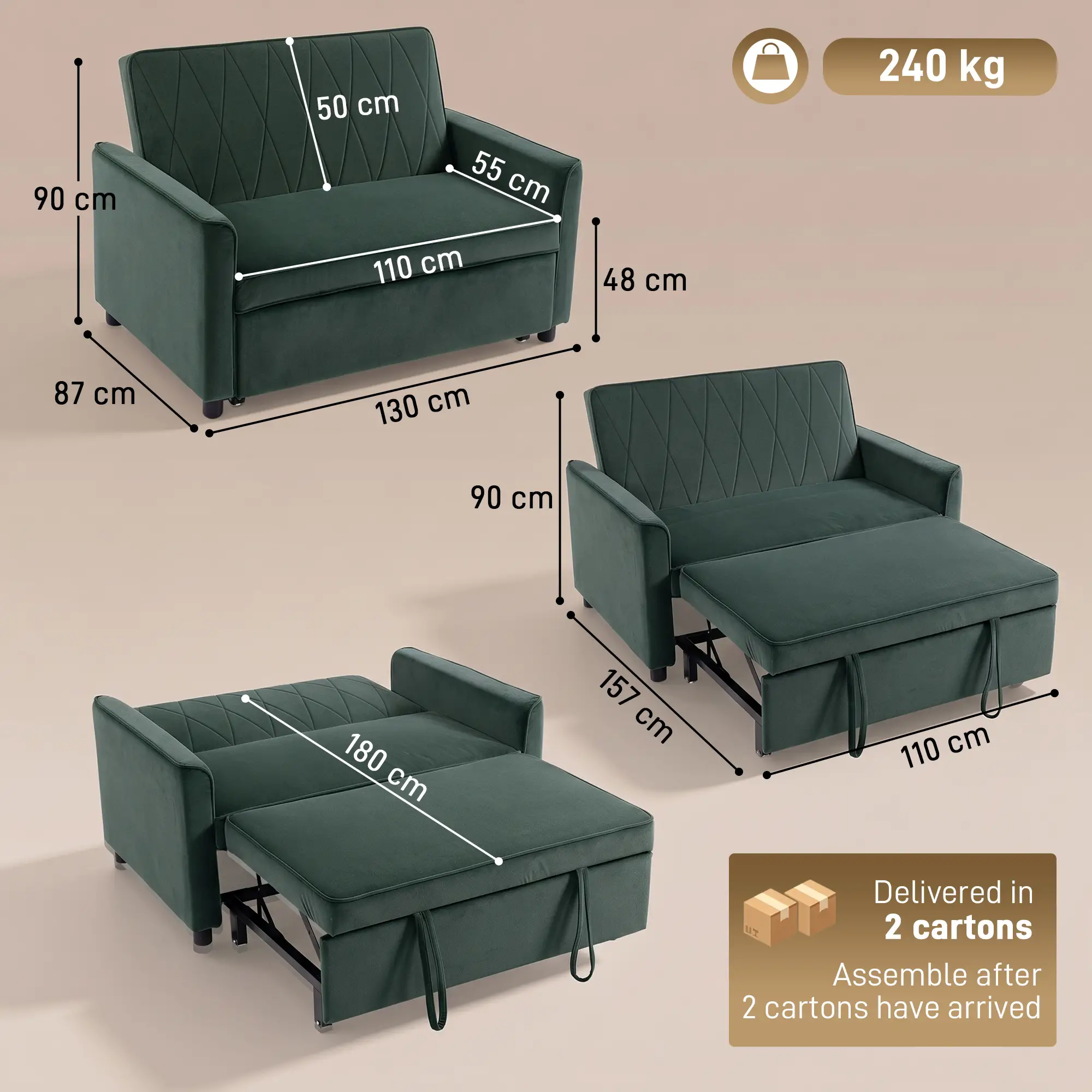 2 Seater Velvet Sofa Bed 130 x 87 x 90cm - Dark Green - 3